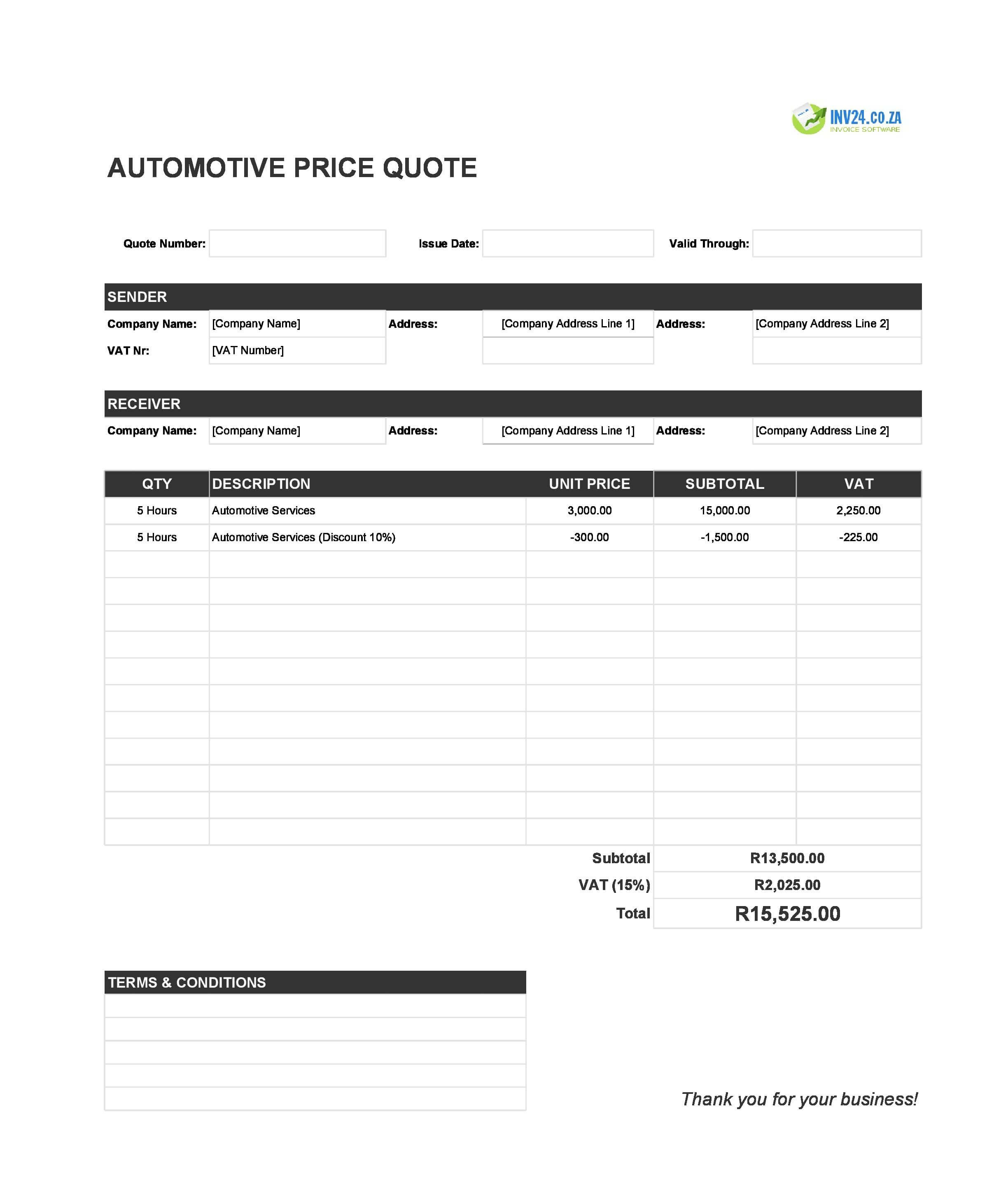 Automotive Quote Template for South Africa (Excel / Google Sheets)