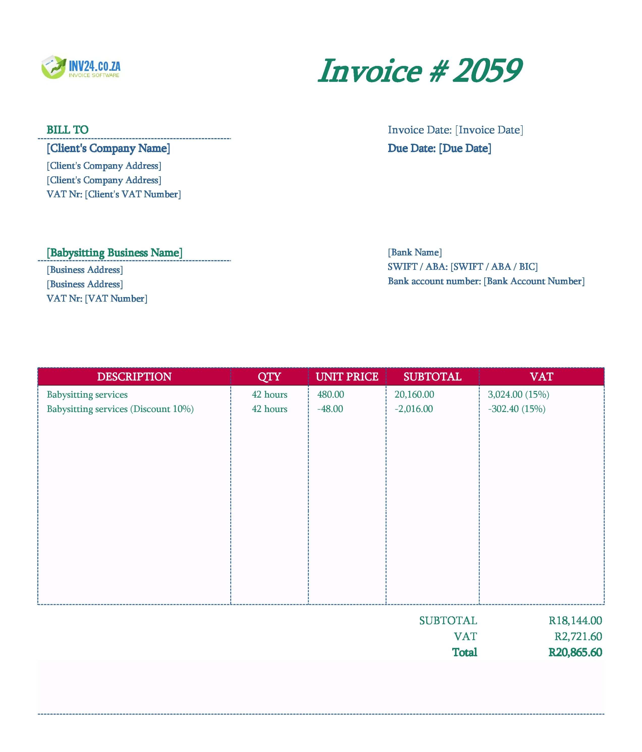 Babysitting Invoice Template for South Africa (Excel / Google Sheets)
