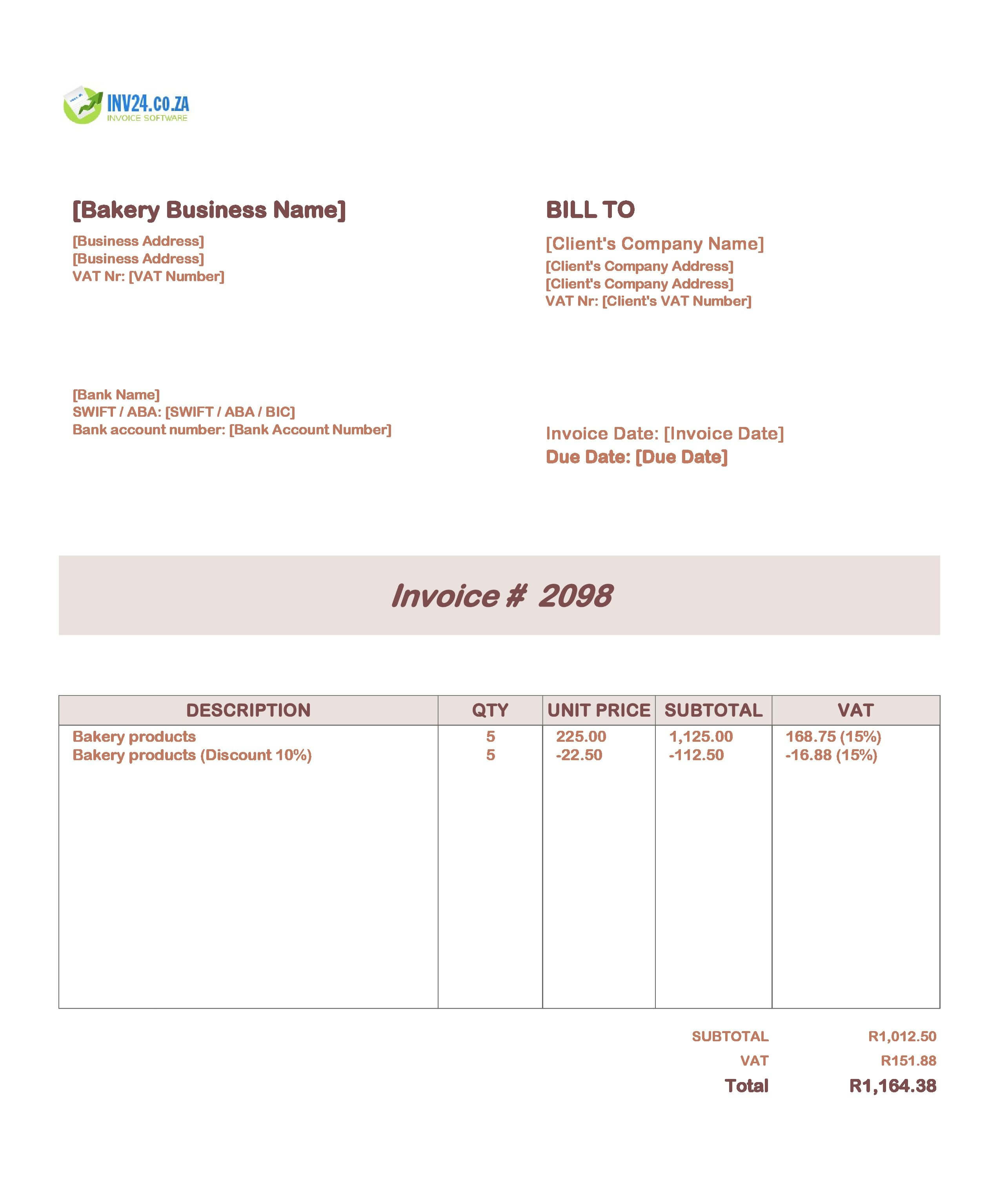 Bakery Invoice Template for South Africa (Excel / Google Sheets)