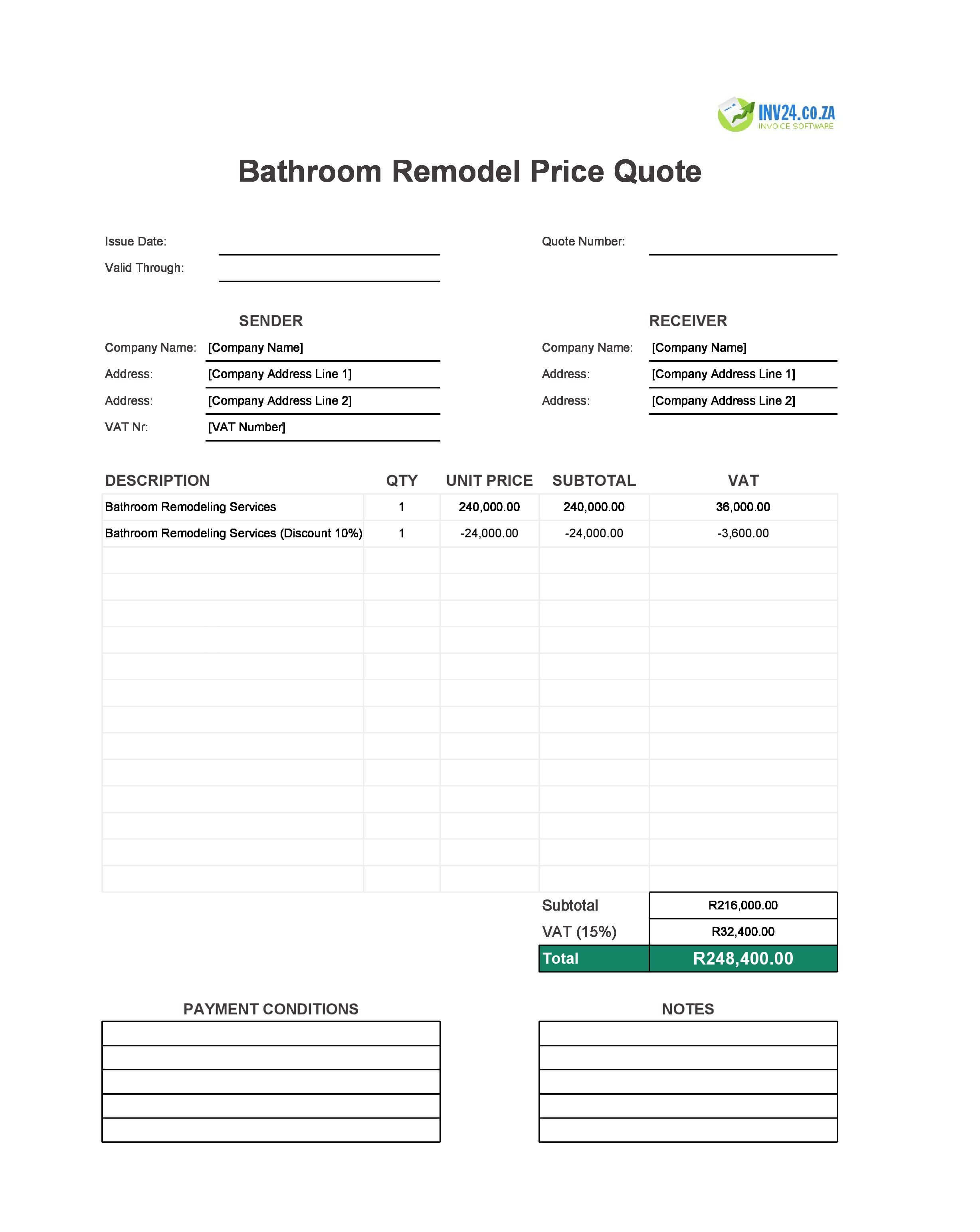 Bathroom Remodel Quote Template for South Africa (Excel / Google Sheets)