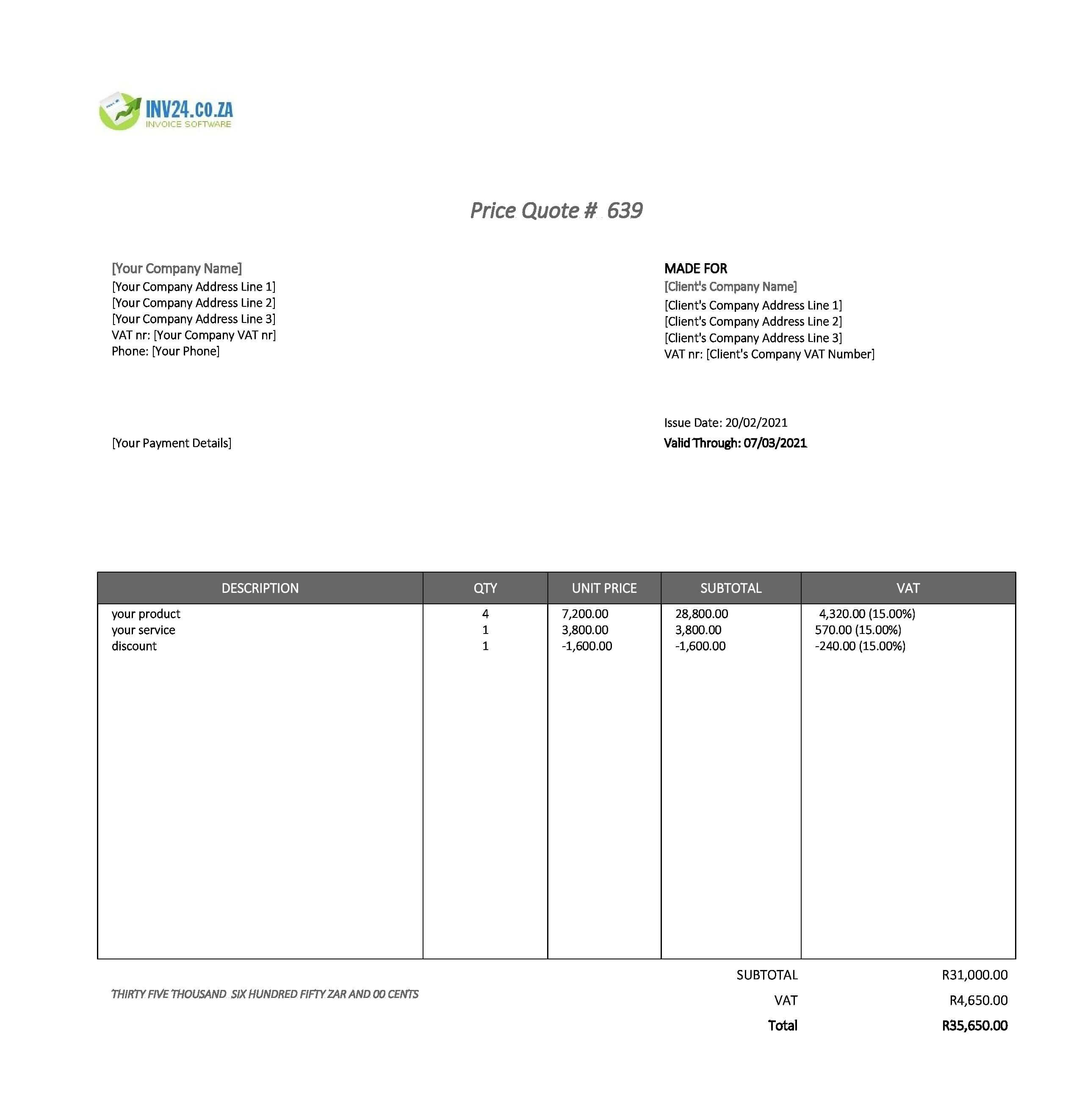 Blank Quote Template South Africa (Excel / Google Sheets) Blank Quote Template South Africa (Excel / Google Sheets)