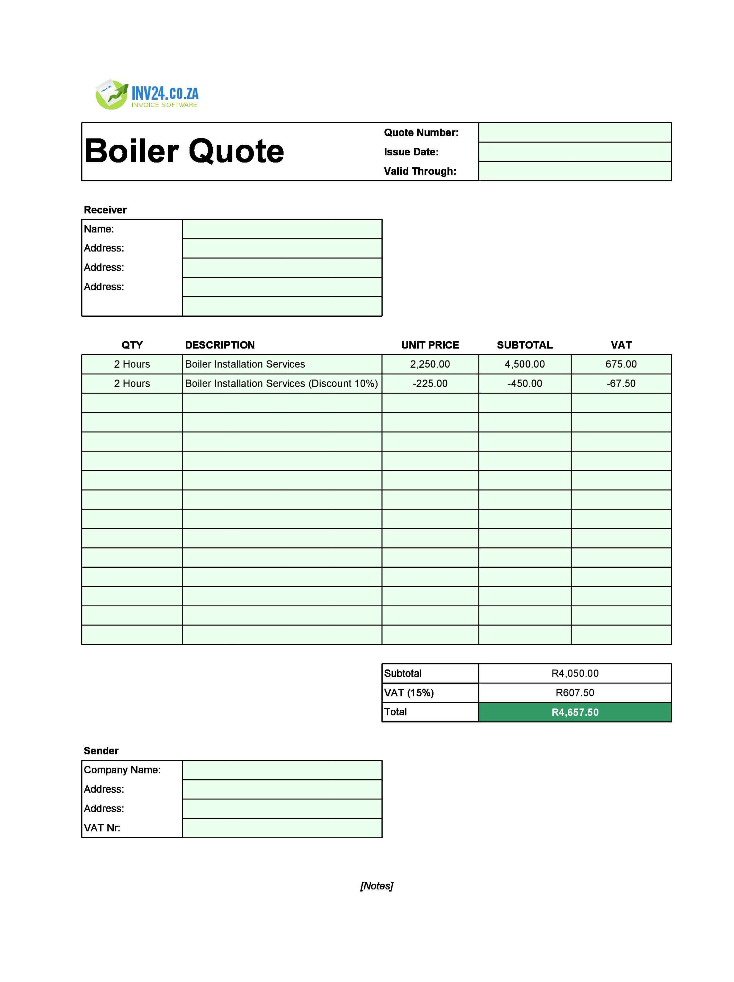 Boiler Quote Template for South Africa (Excel / Google Sheets)