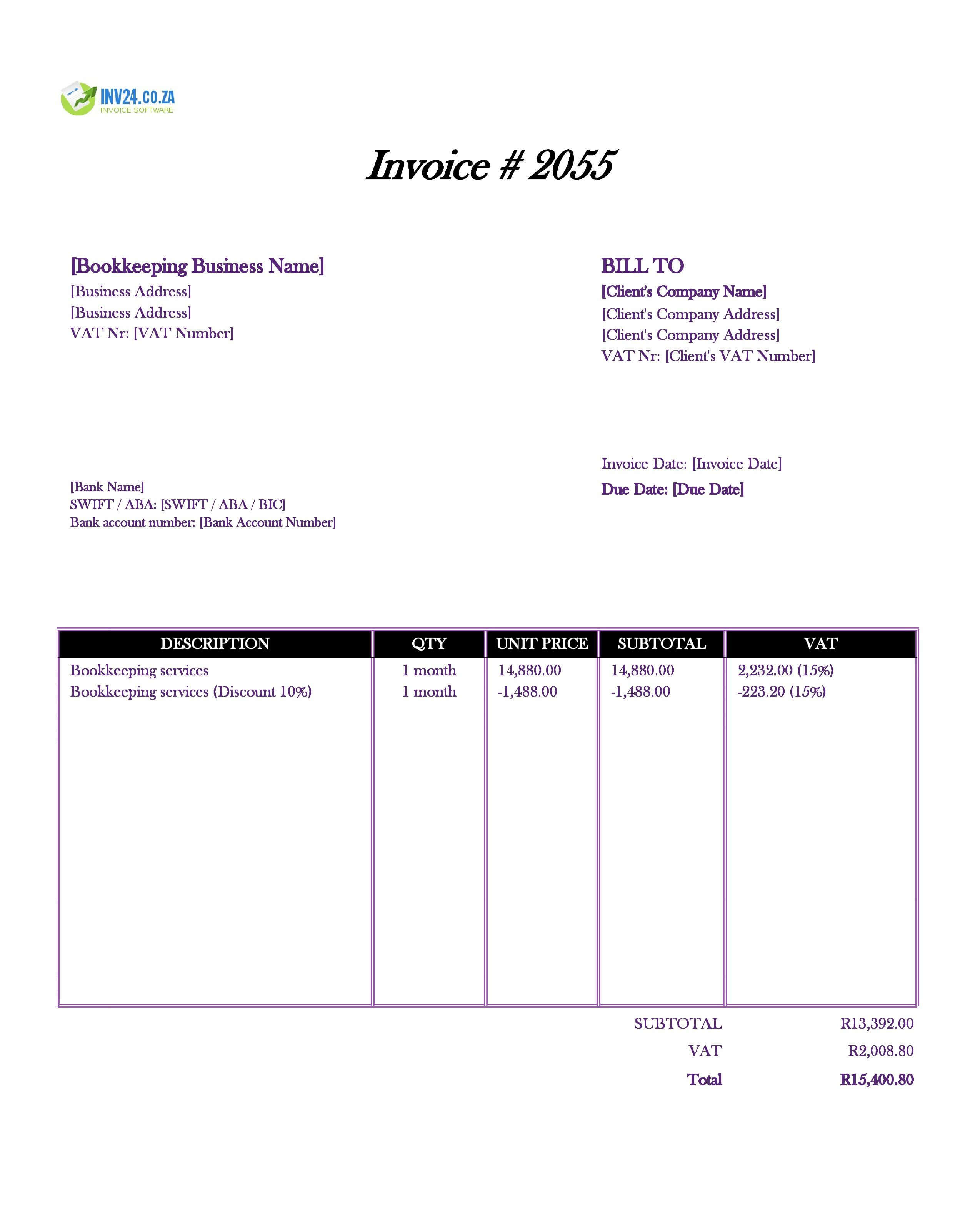 Bookkeeping Invoice Template for South Africa (Excel / Google Sheets)
