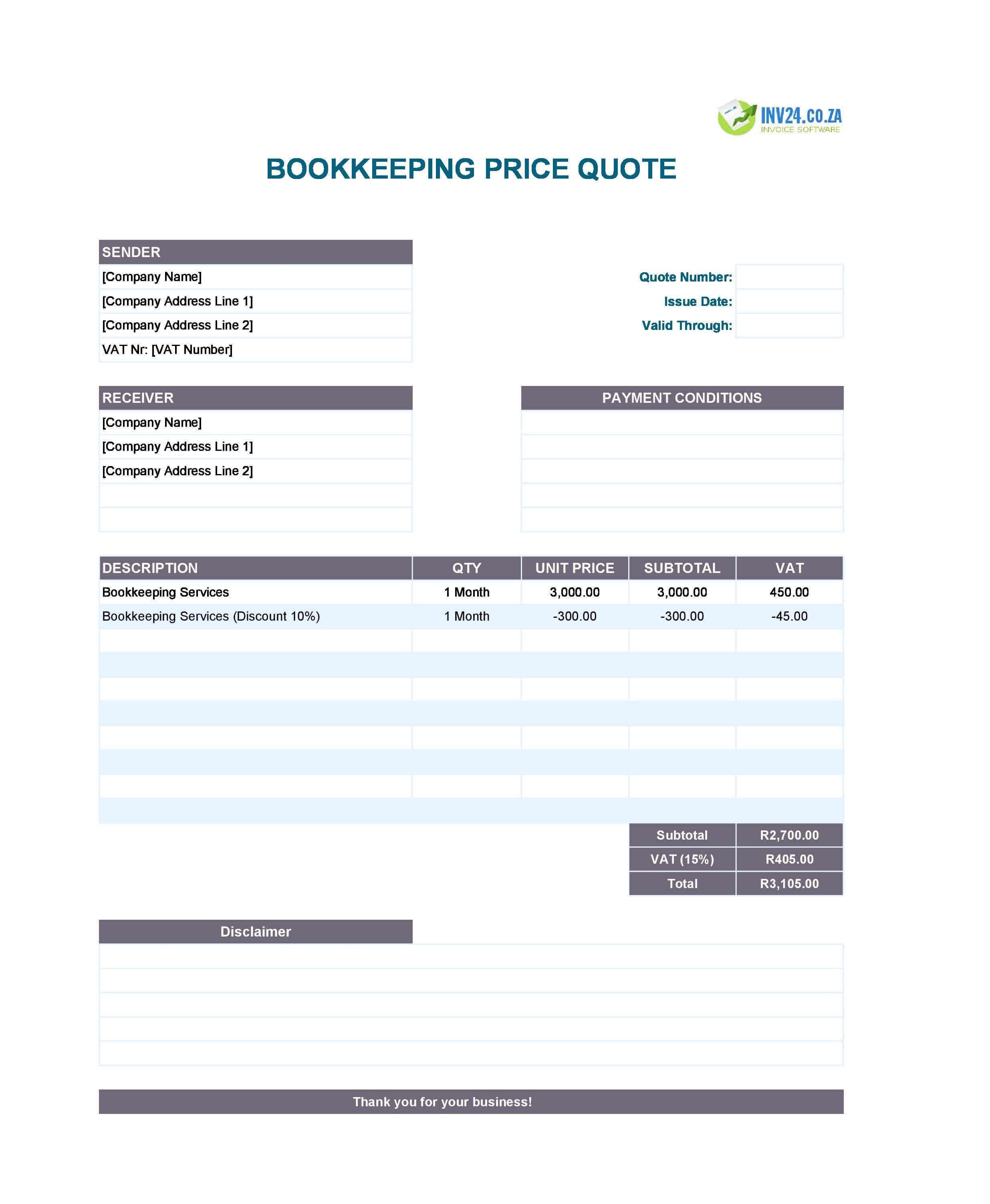 Bookkeeping Quote Template for South Africa (Excel / Google Sheets)