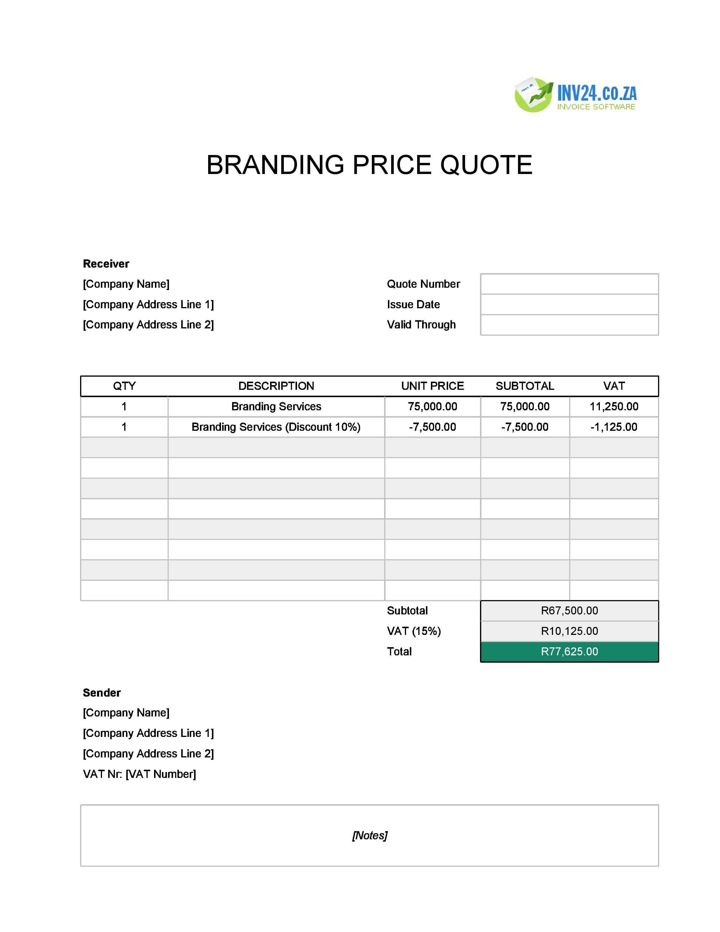 Branding Quote Template for South Africa (Excel / Google Sheets)