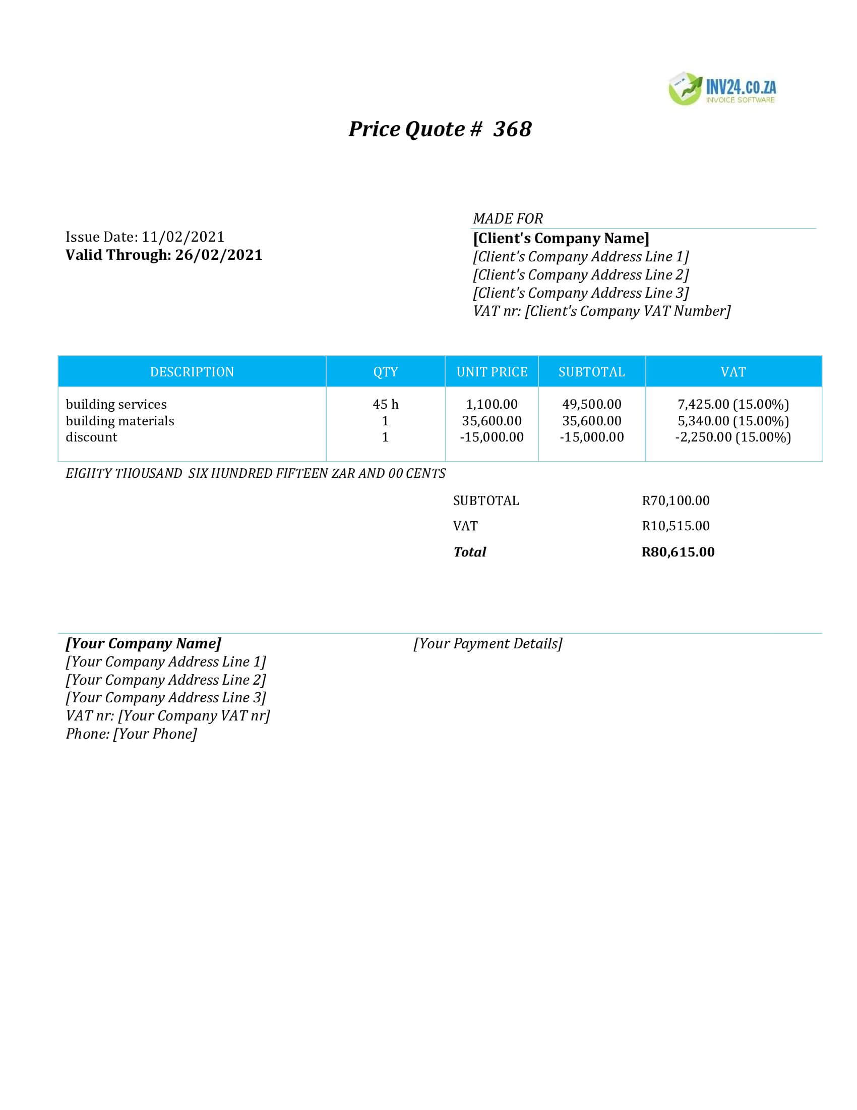 Building Quotation Template South Africa (Word / Google Docs)