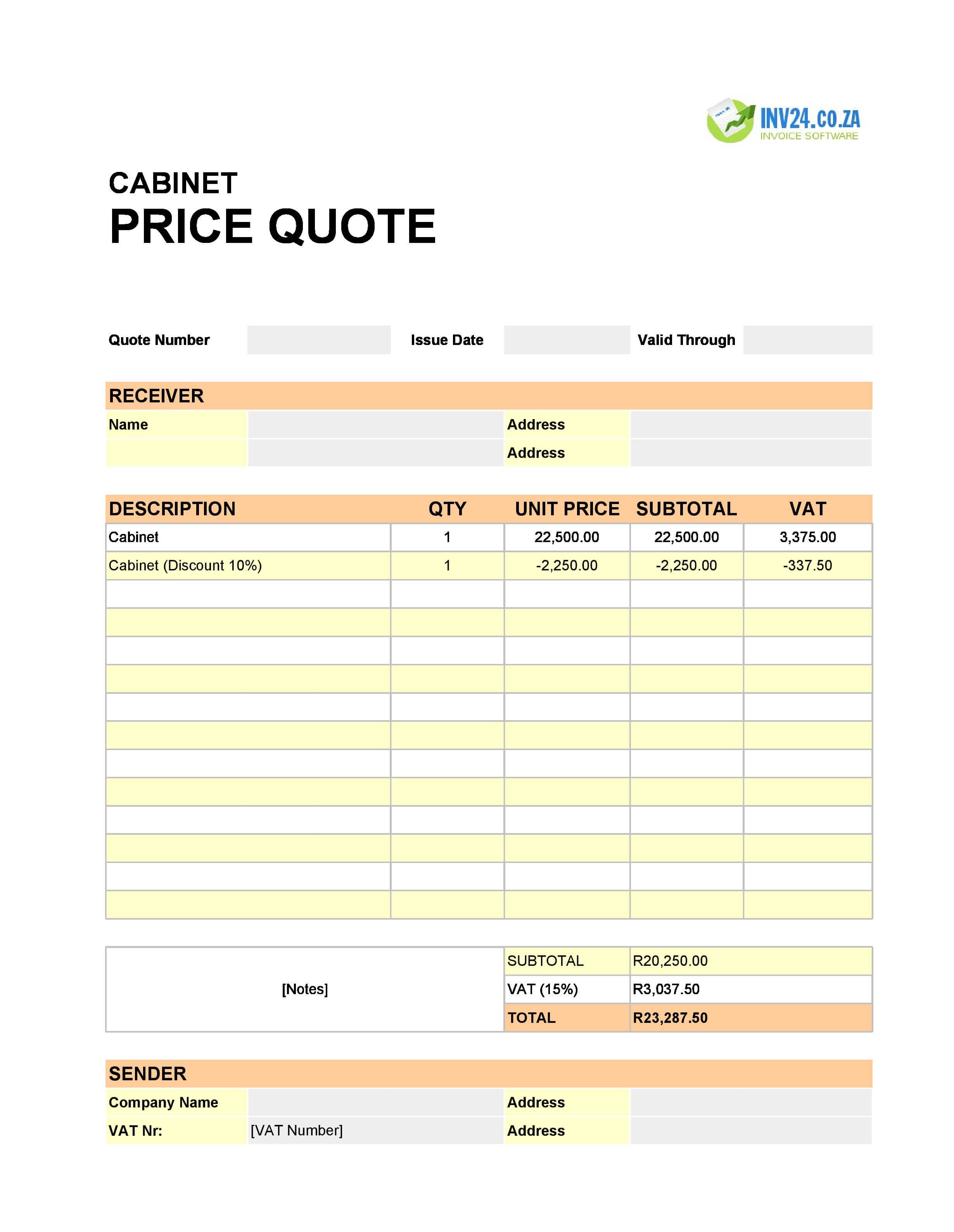 Cabinet Quote Template for South Africa (Excel / Google Sheets)