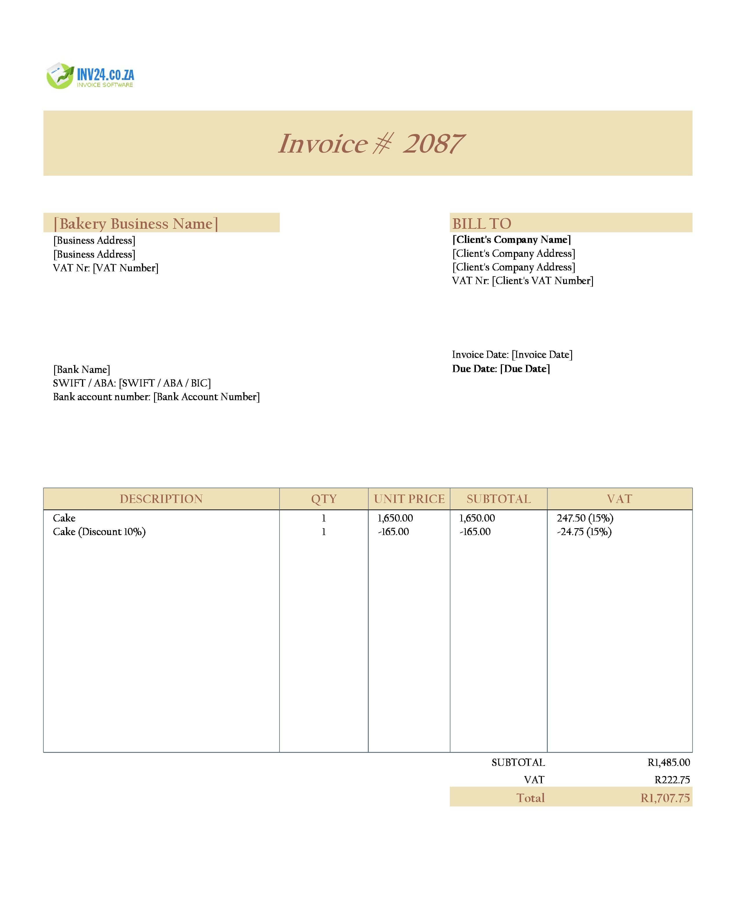 Cake Invoice Template for South Africa (Excel / Google Sheets)