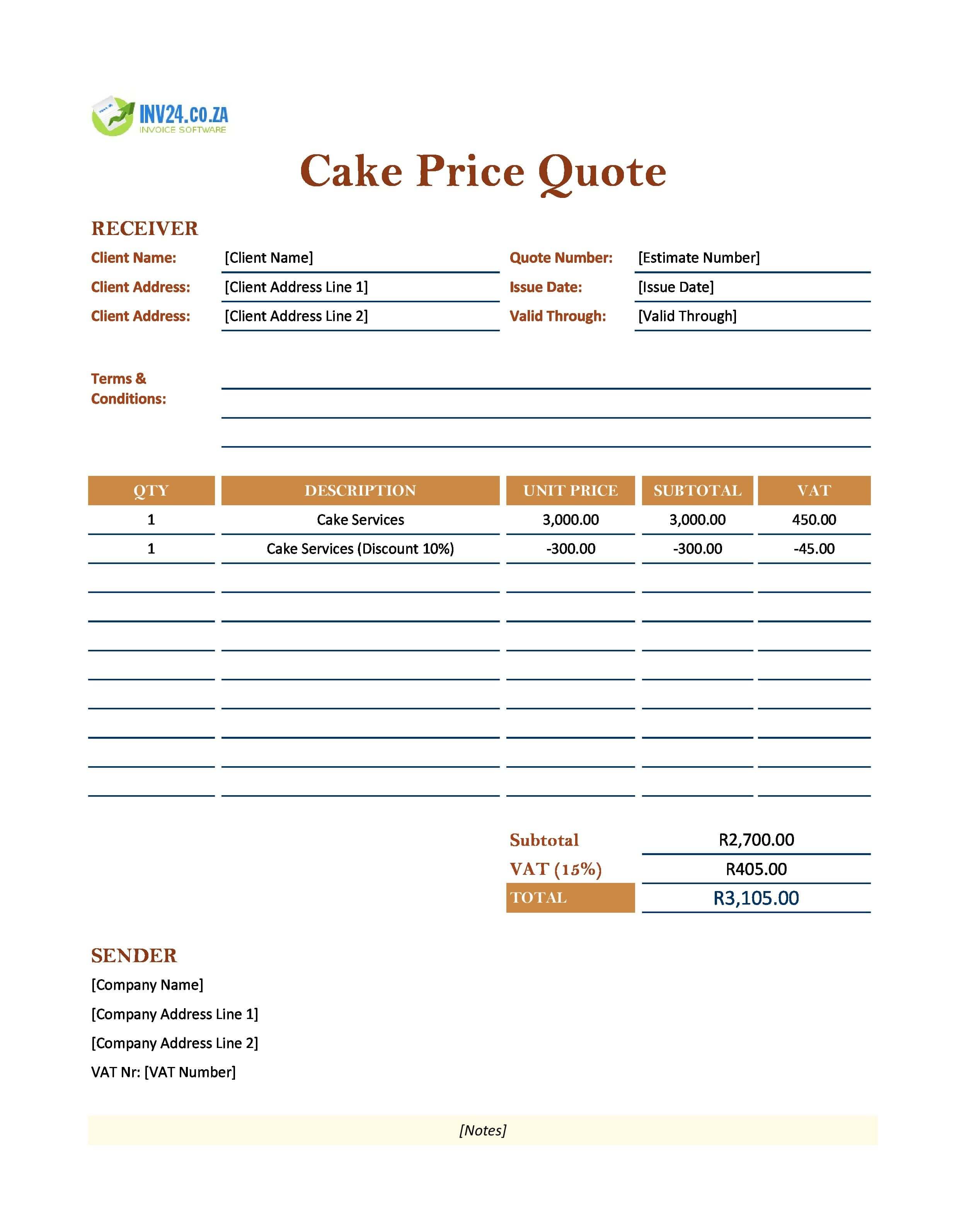 Cake Quote Template for South Africa (Excel / Google Sheets)