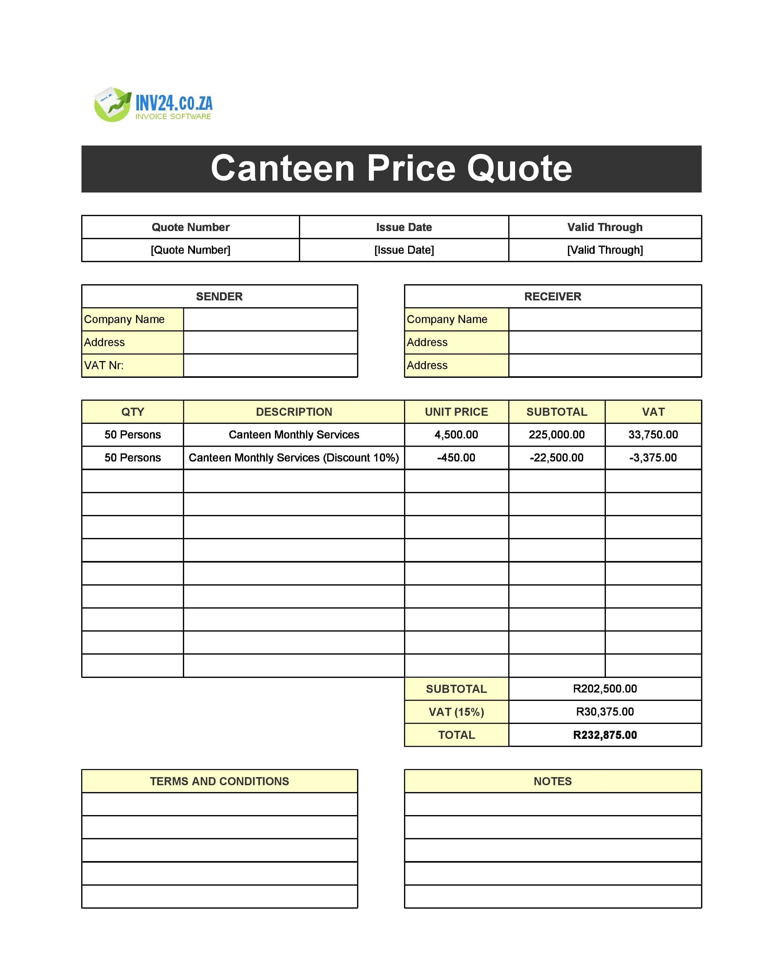 Canteen Quote Template for South Africa (Excel / Google Sheets)