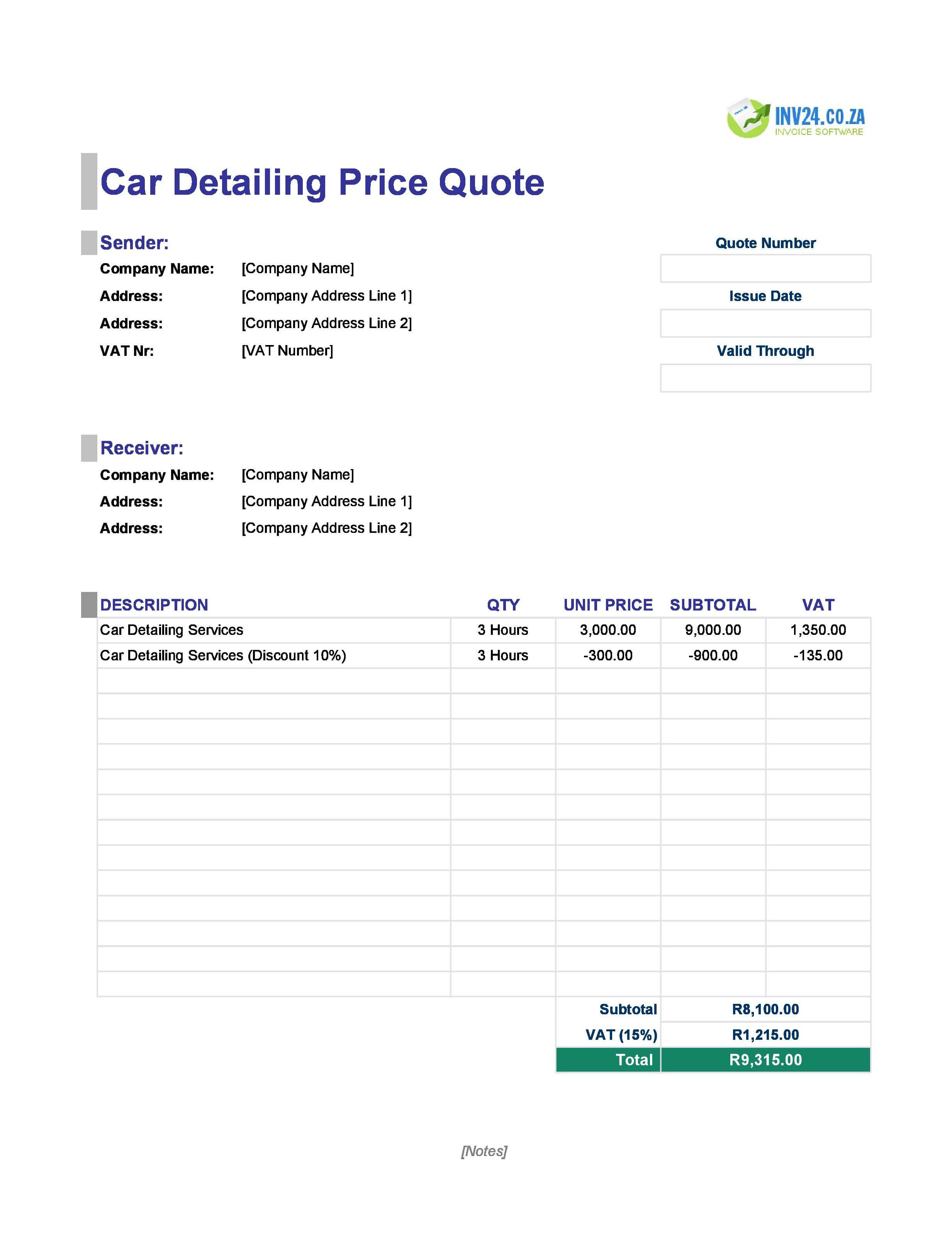 Car Detailing Quote Template for South Africa (Excel / Google Sheets)