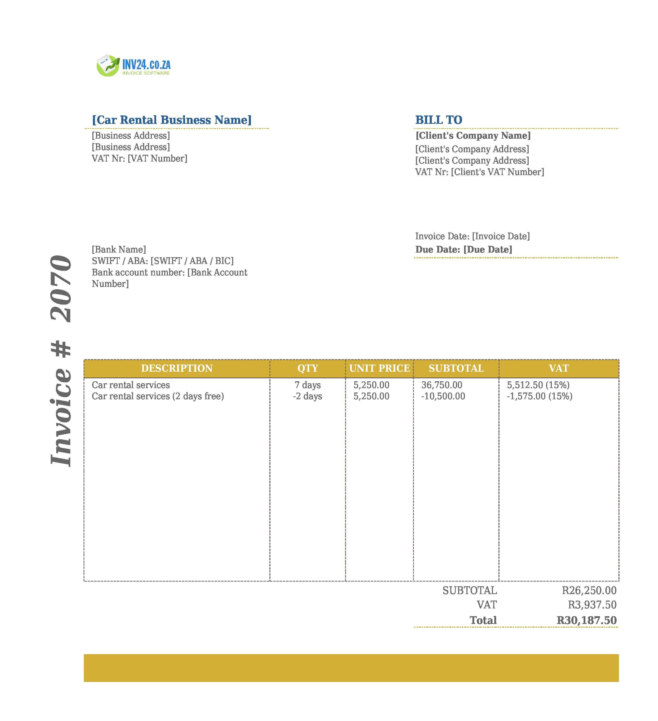 Car Rental Invoice Template for South Africa (Excel / Google Sheets) Car Rental Invoice Template for South Africa (Excel / Google Sheets)