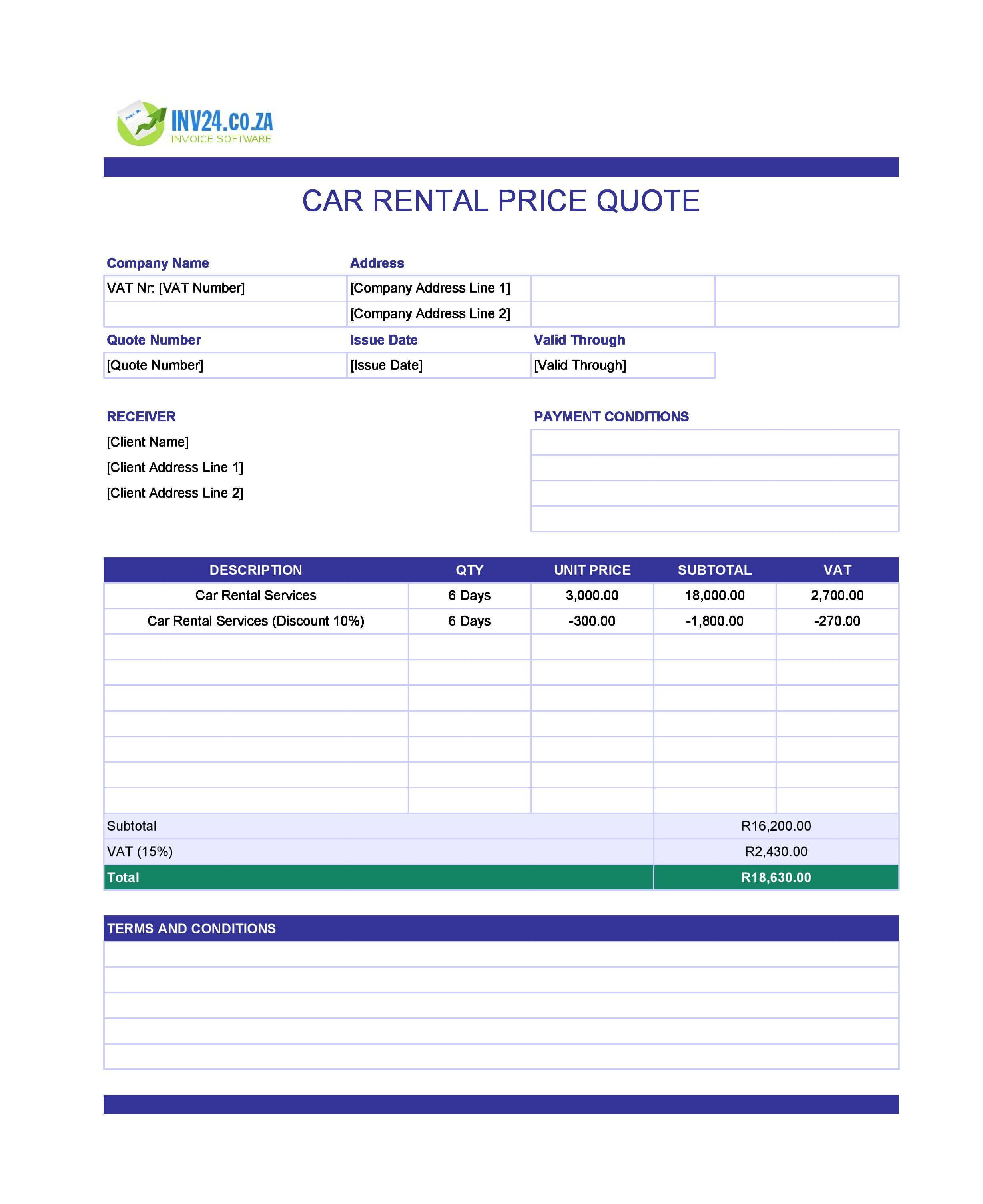 Car Rental Quote Template for South Africa (Excel / Google Sheets)