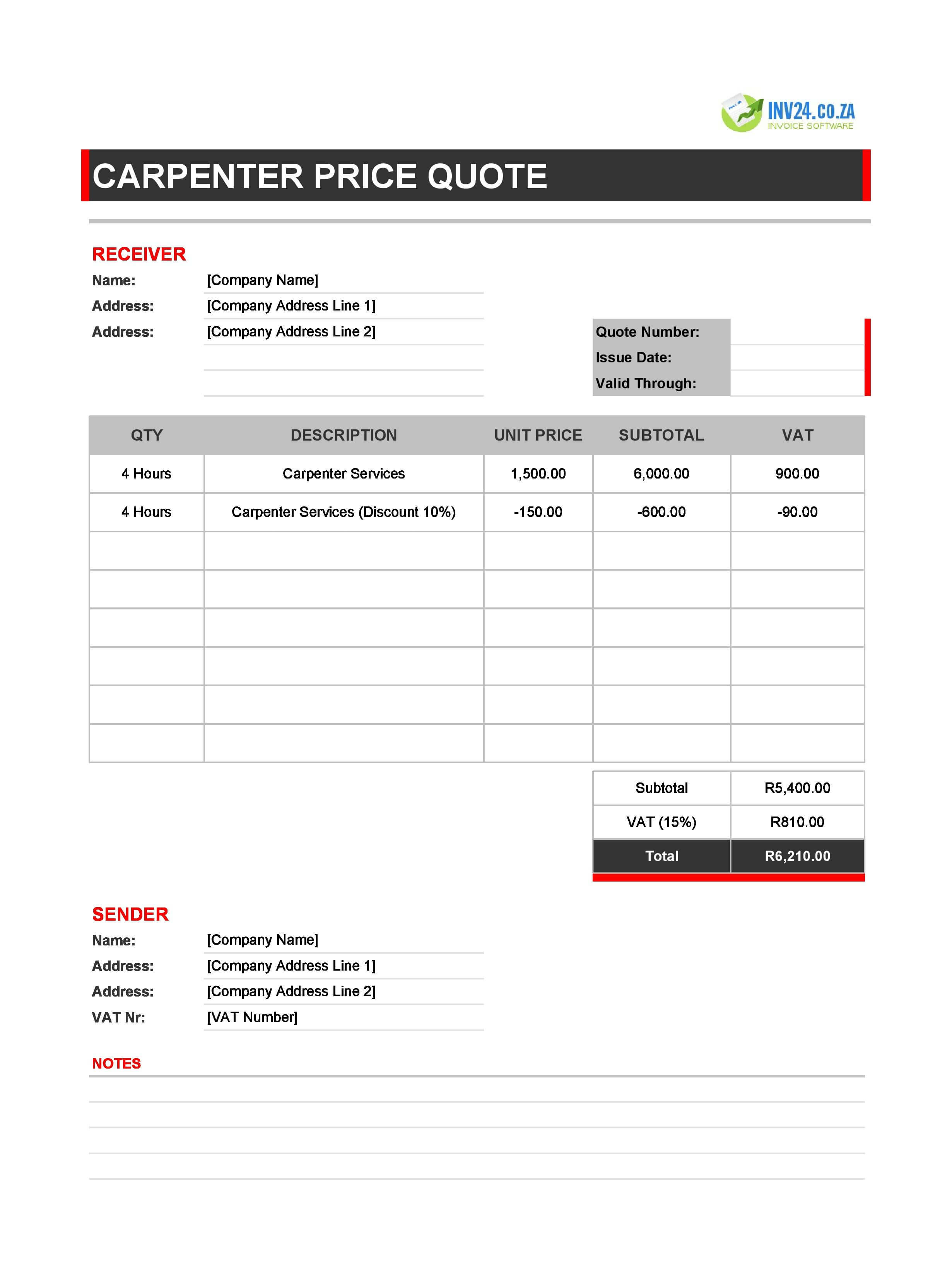 Carpenter Quote Template for South Africa (Excel / Google Sheets)