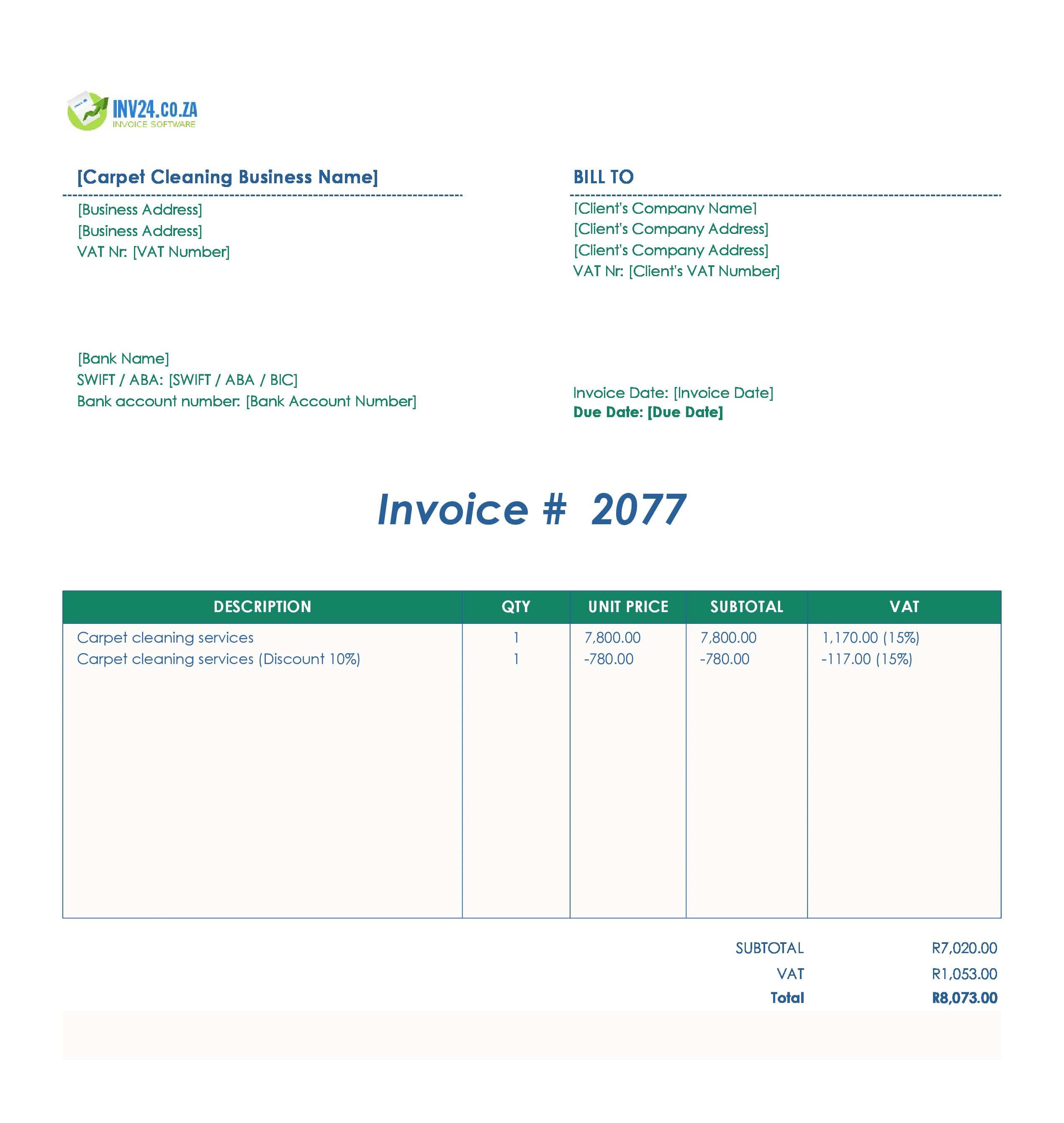 Carpet Cleaning Invoice Template for South Africa (Excel / Google Sheets)