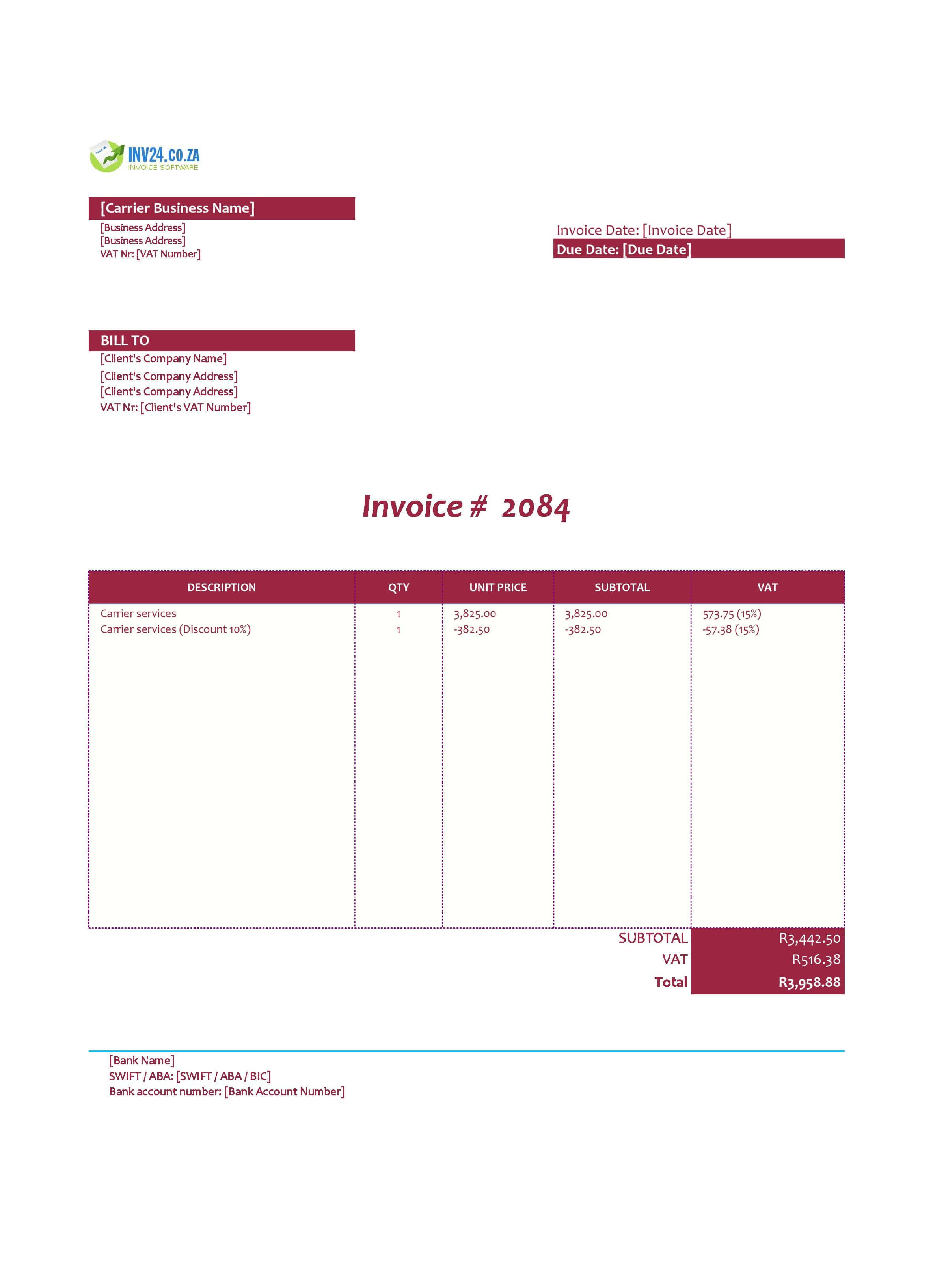 Carrier Invoice Template for South Africa (Excel / Google Sheets) Carrier Invoice Template for South Africa (Excel / Google Sheets)