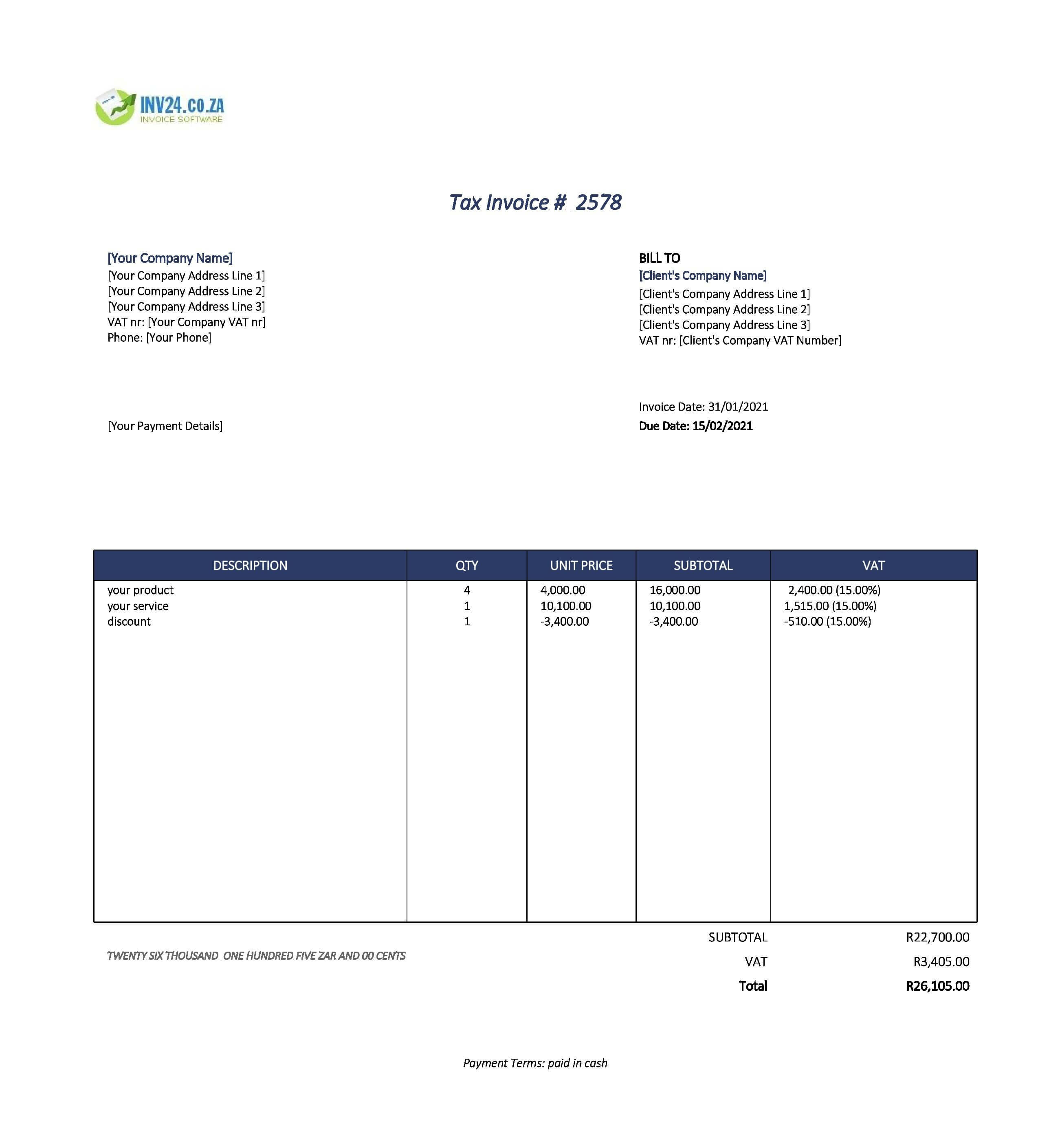 cash invoice template south africa