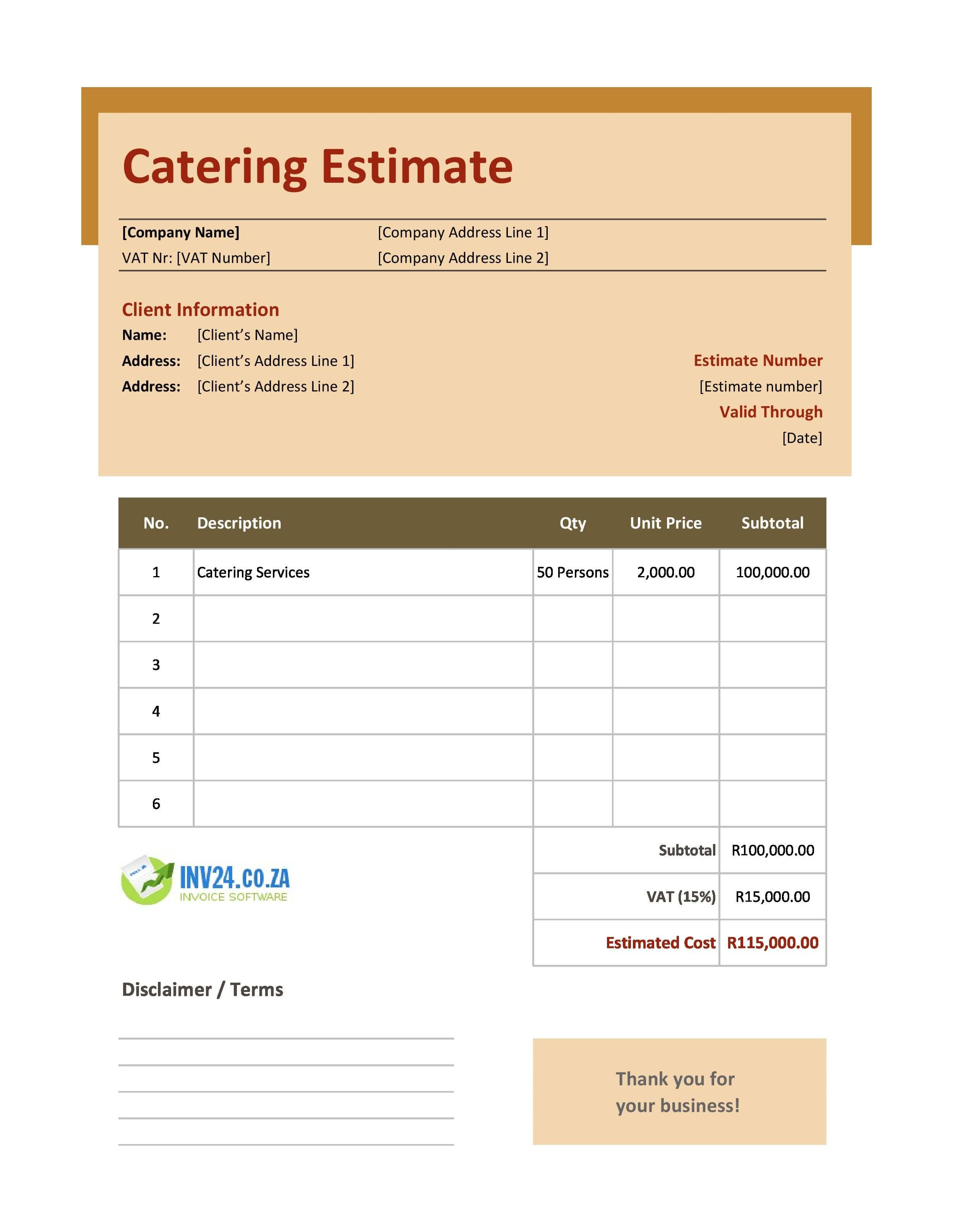 Catering Estimate Template for South Africa (Excel / Google Sheets)