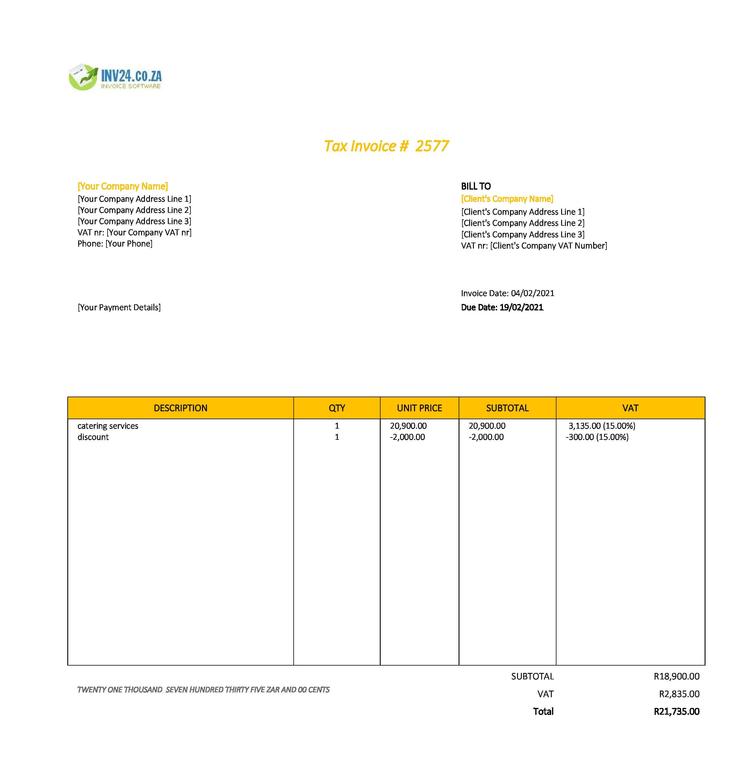 catering invoice template south africa