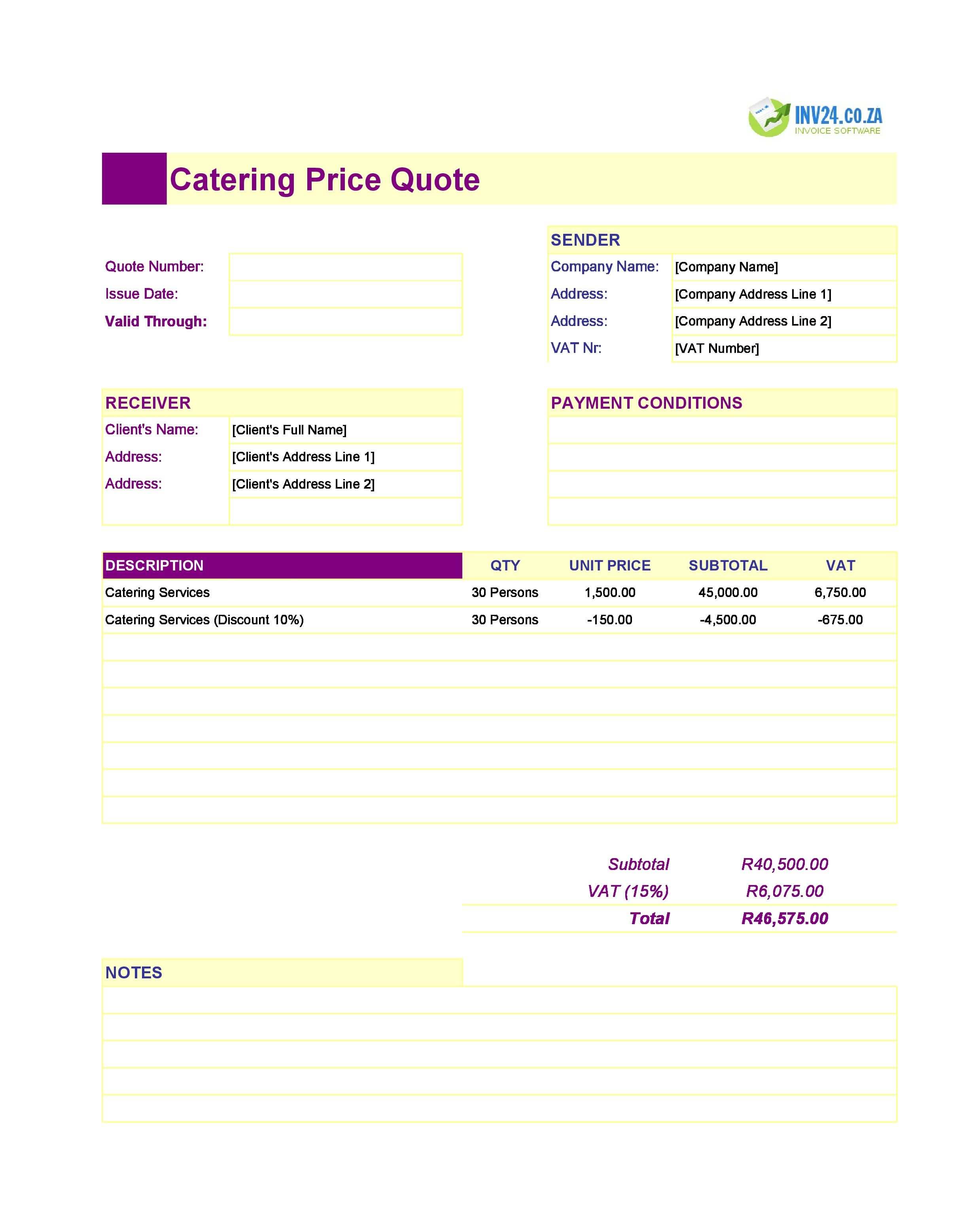 Catering Quote Template for South Africa (Excel / Google Sheets)