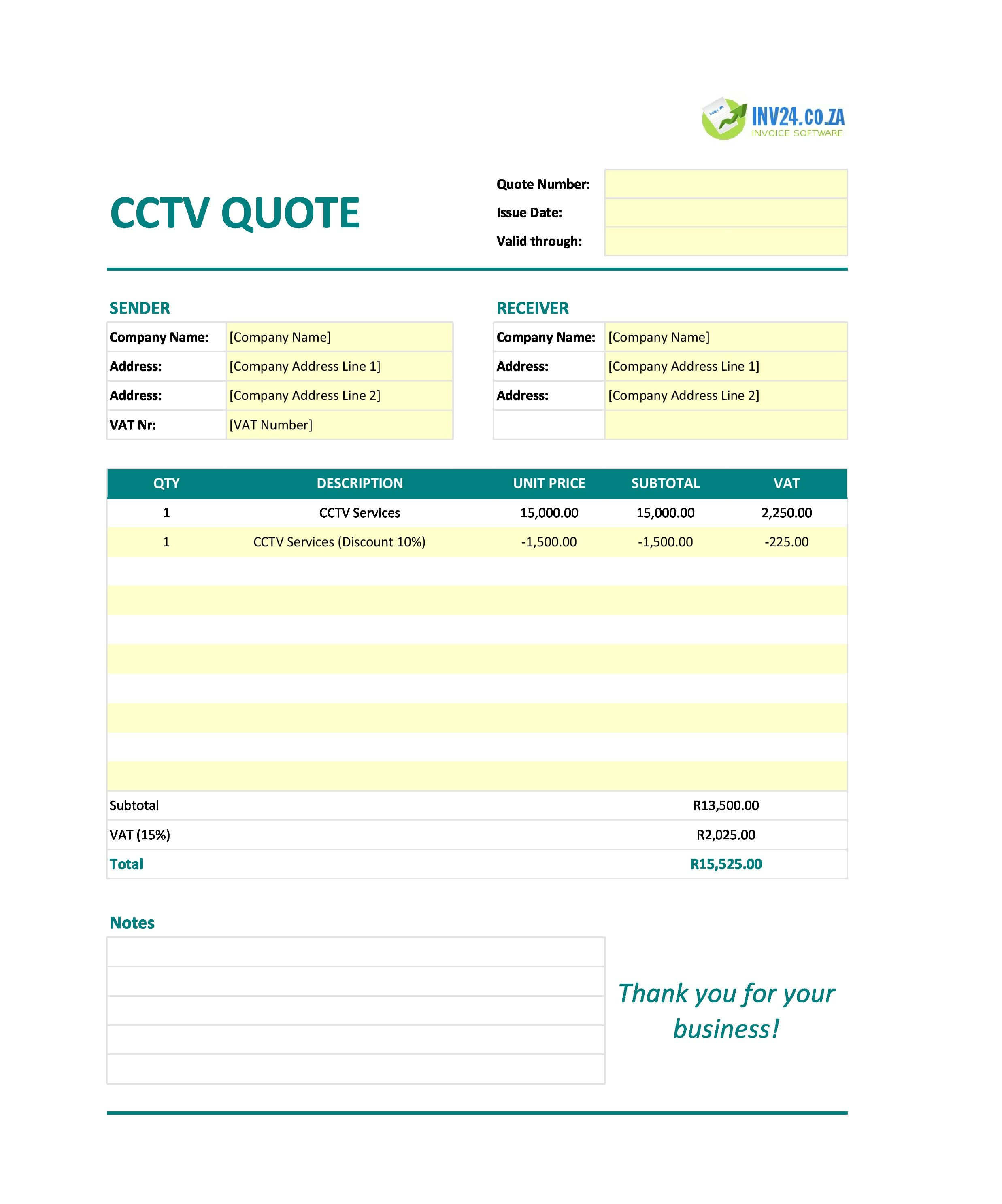 CCTV Quote Template for South Africa (Excel / Google Sheets)