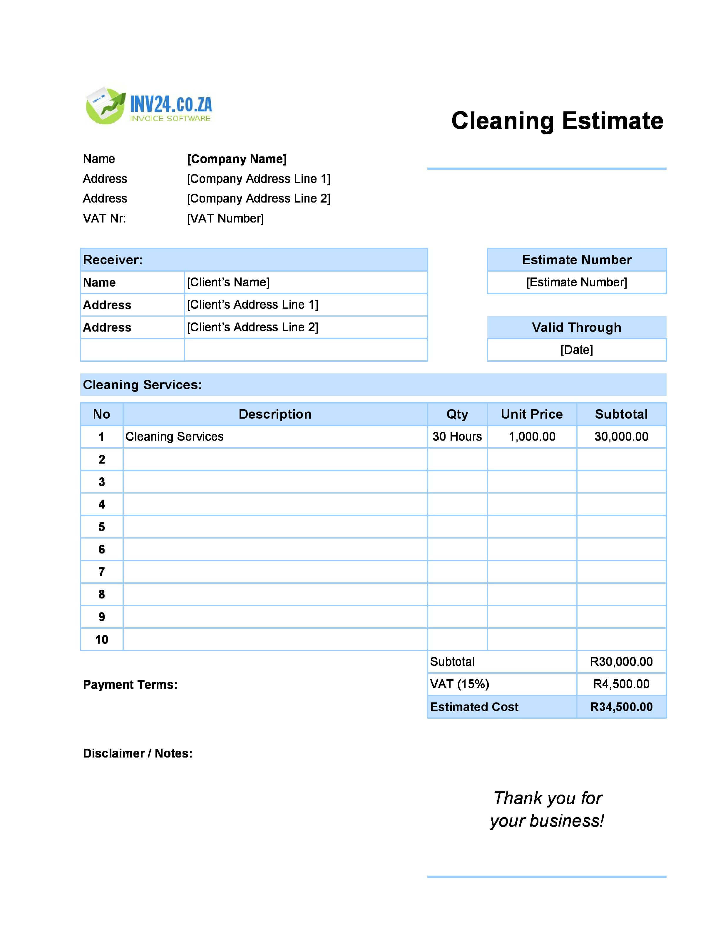 Cleaning Estimate Template for South Africa (Excel / Google Sheets)