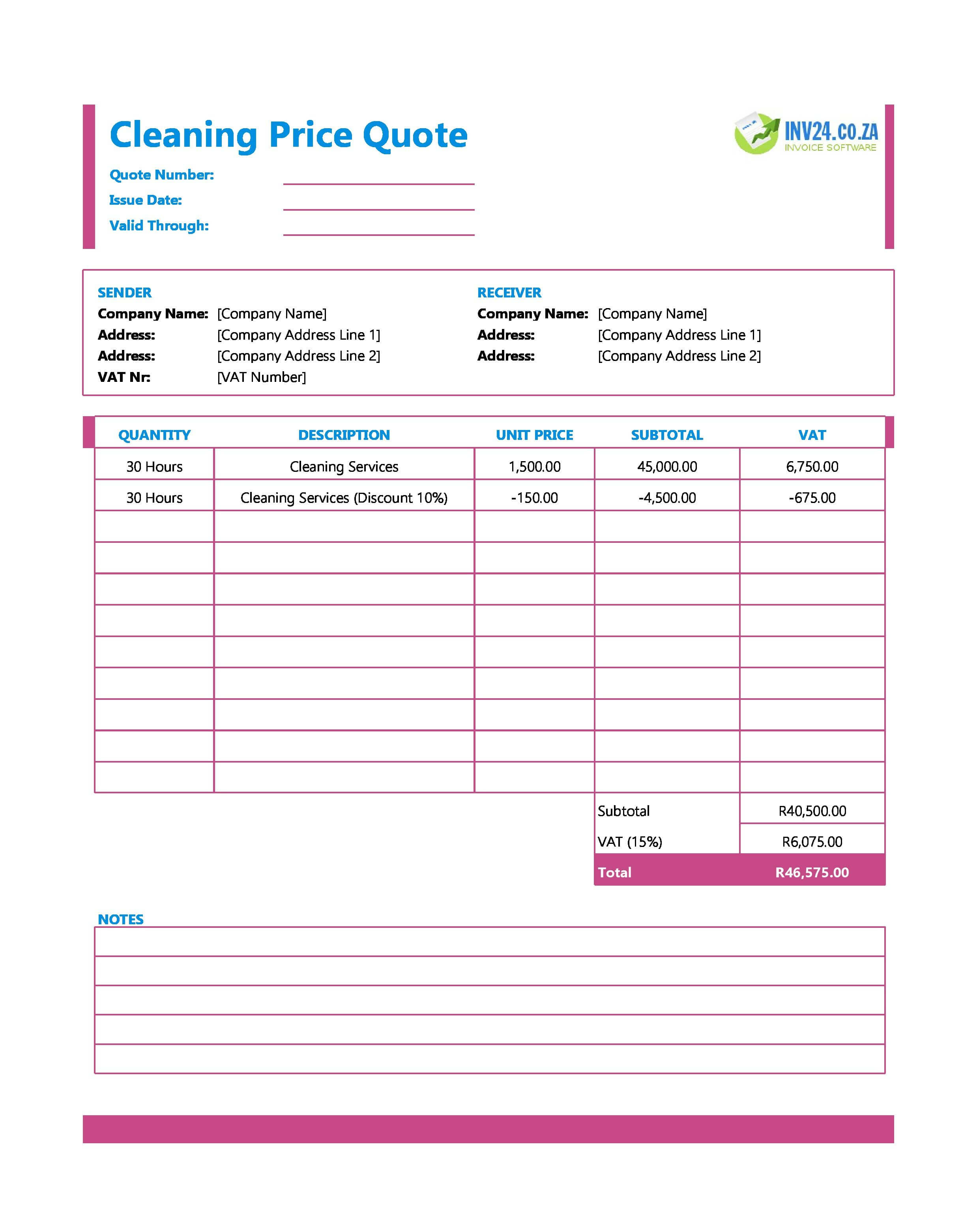 Cleaning Quote Template for South Africa (Excel / Google Sheets)