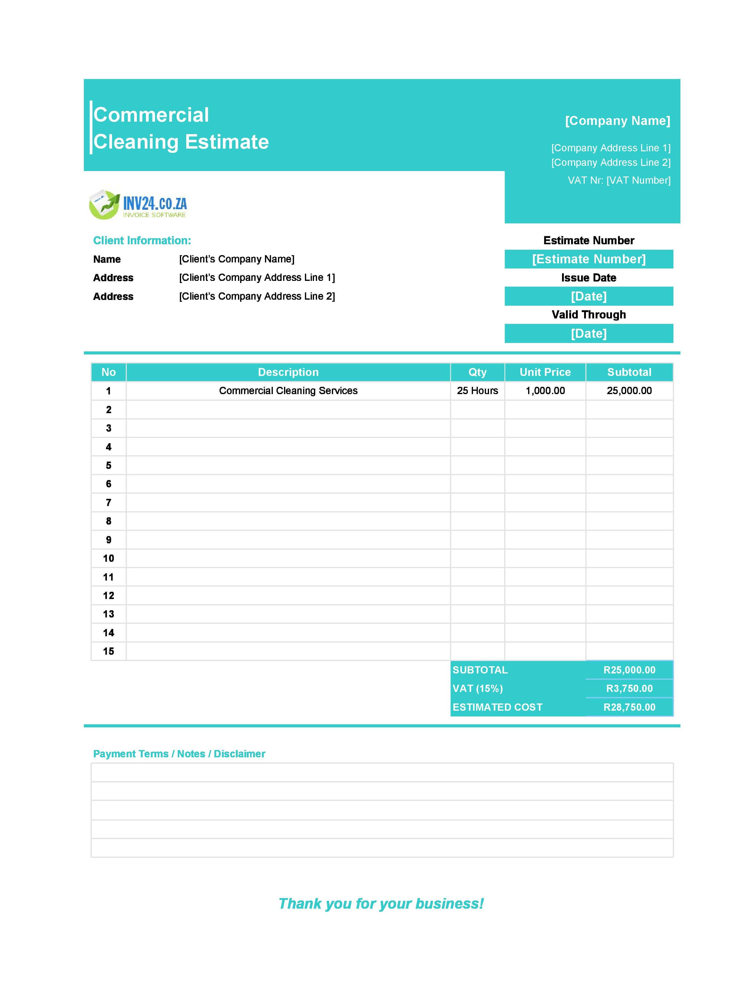 Commercial Cleaning Estimate Template for South Africa (Excel / Google Sheets)