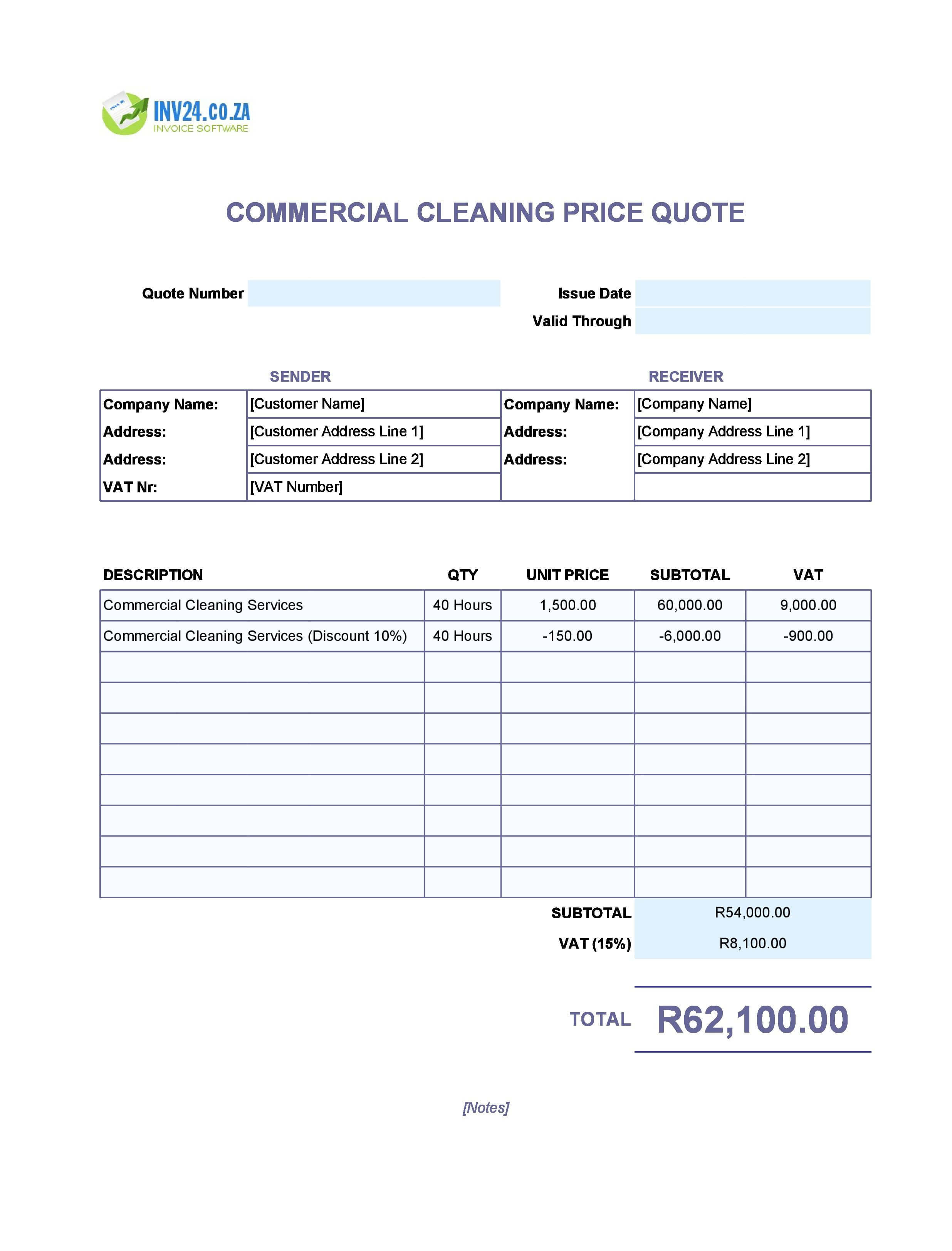 Commercial Cleaning Quote Template for South Africa (Excel / Google Sheets)