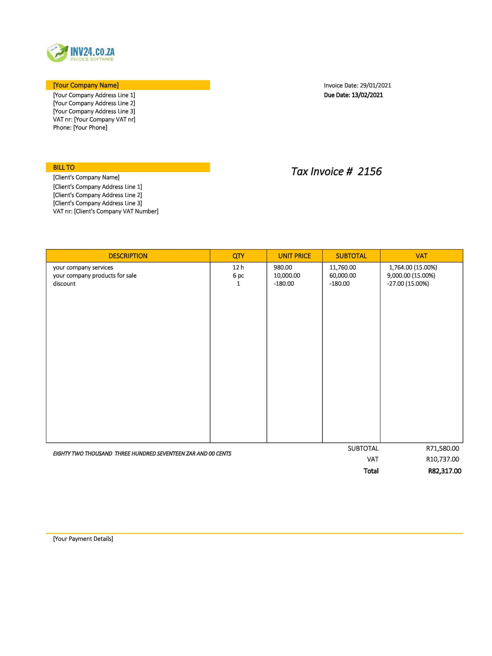 Tax Invoice Template South Africa Printable Receipt Template South 