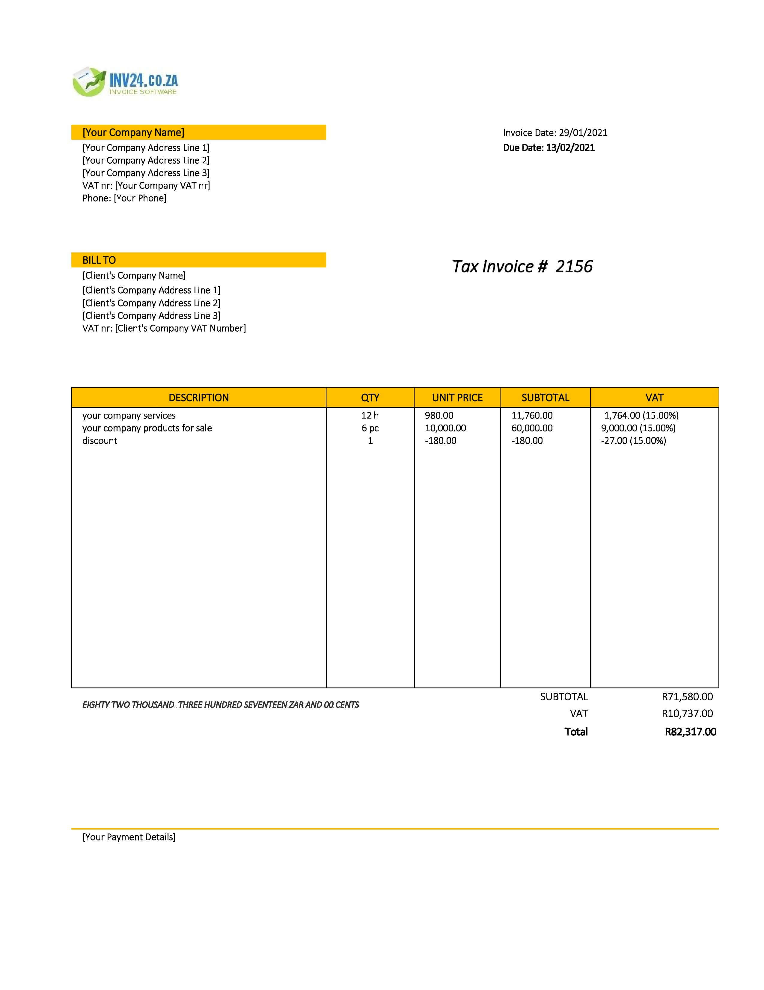 company invoice template south africa