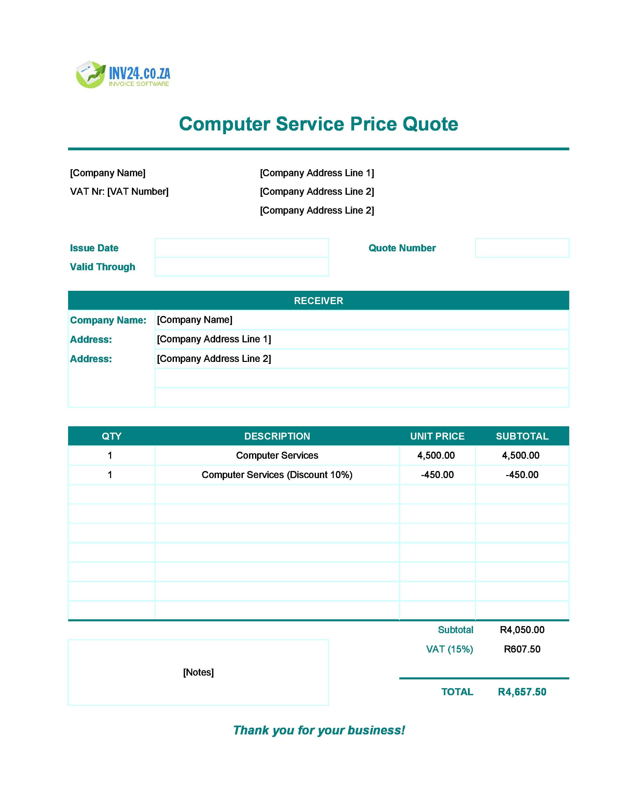 Computer Service Quote Template for South Africa (Excel / Google Sheets)
