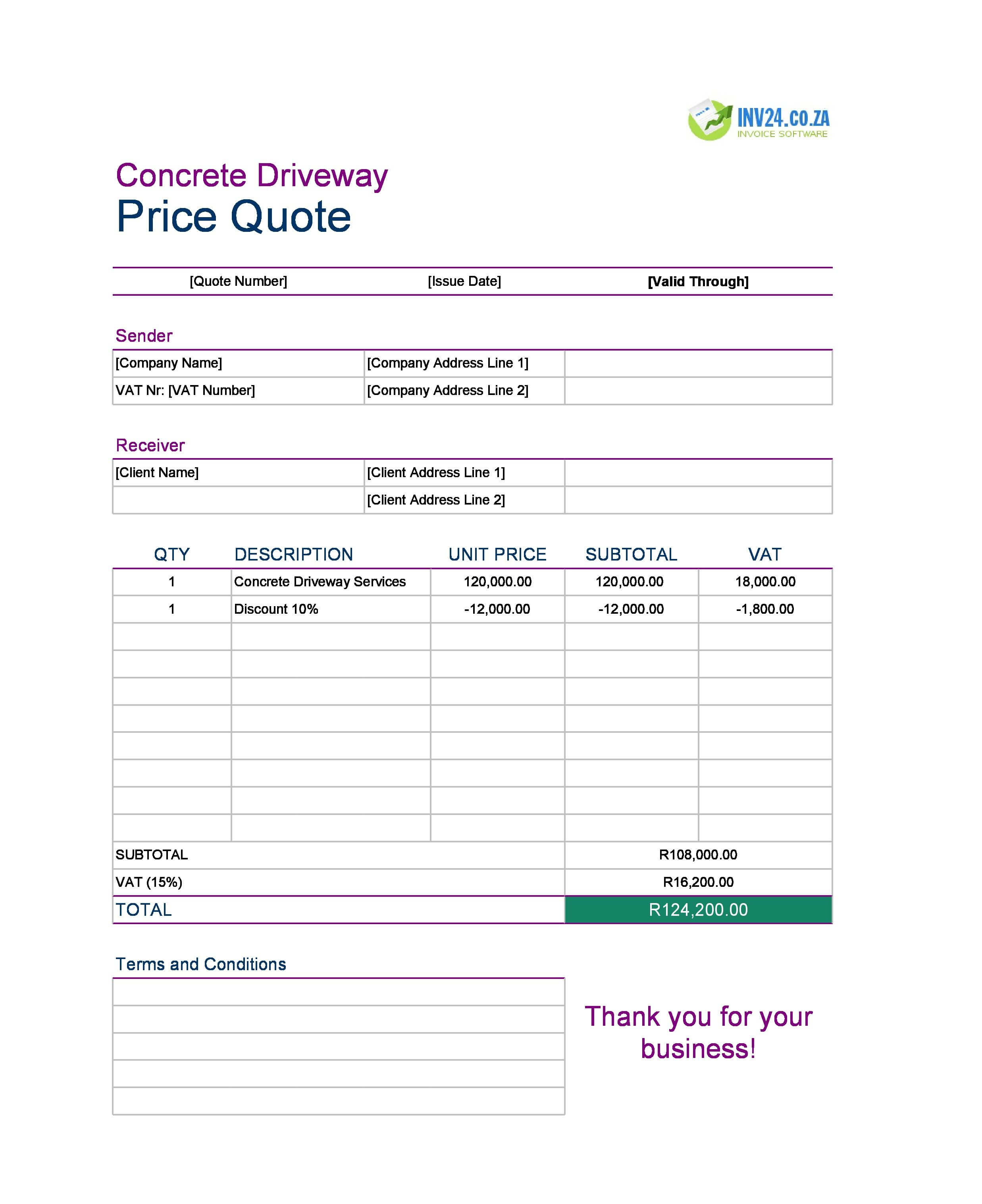 Concrete Driveway Quote Template for South Africa (Excel / Google Sheets)