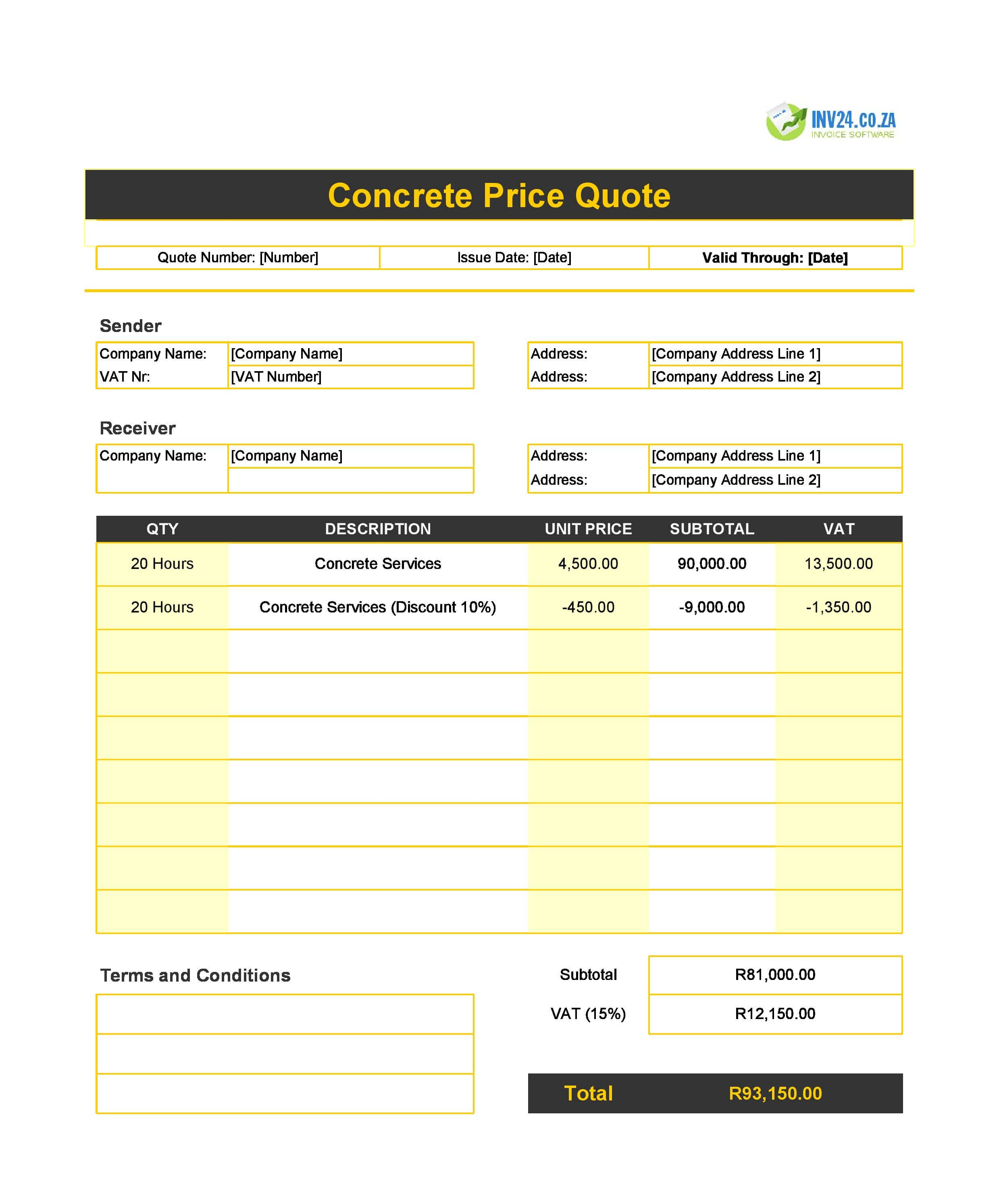 Concrete Quote Template for South Africa (Excel / Google Sheets)
