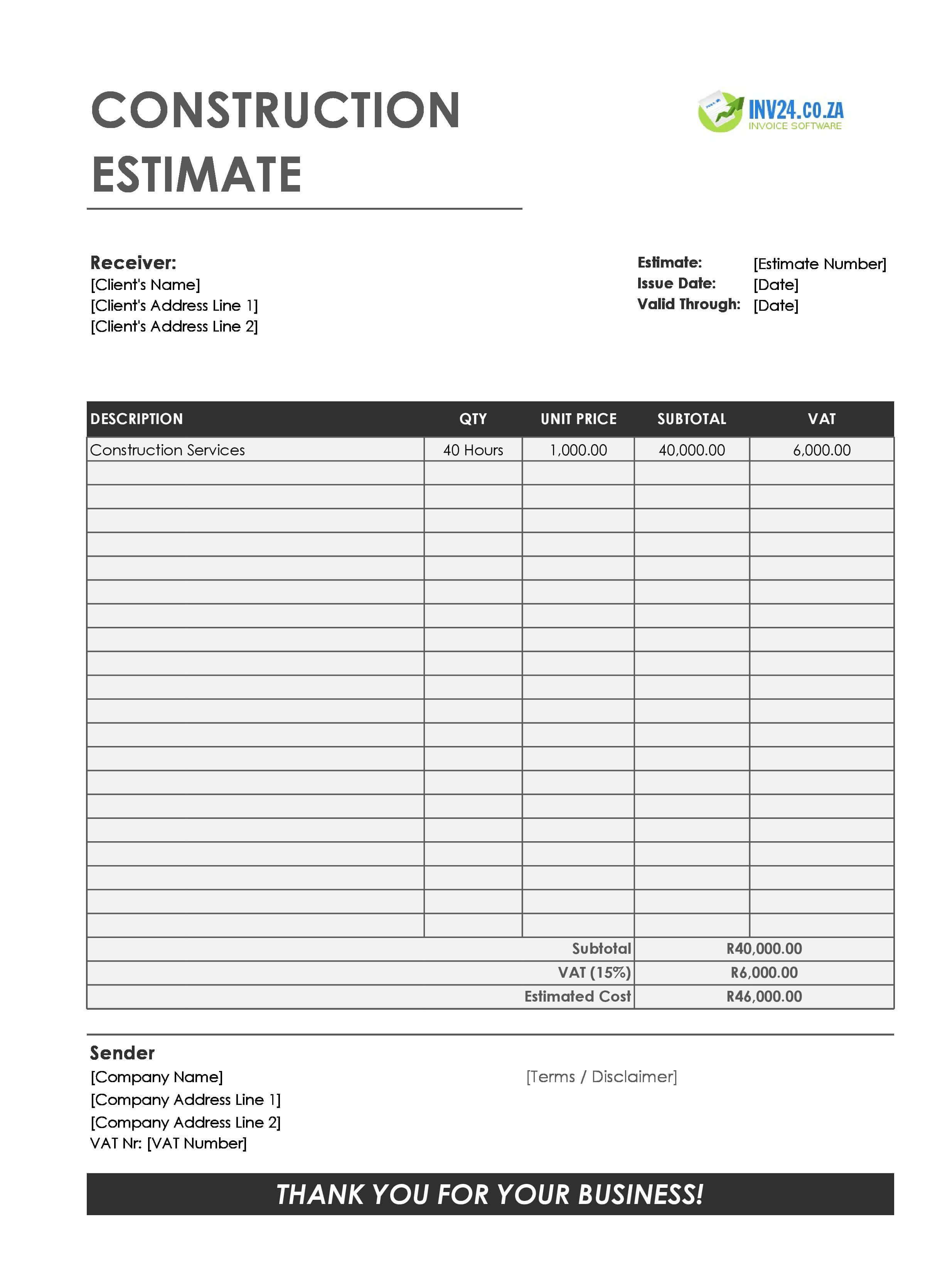 Construction Estimate Template for South Africa (Excel / Google Sheets)