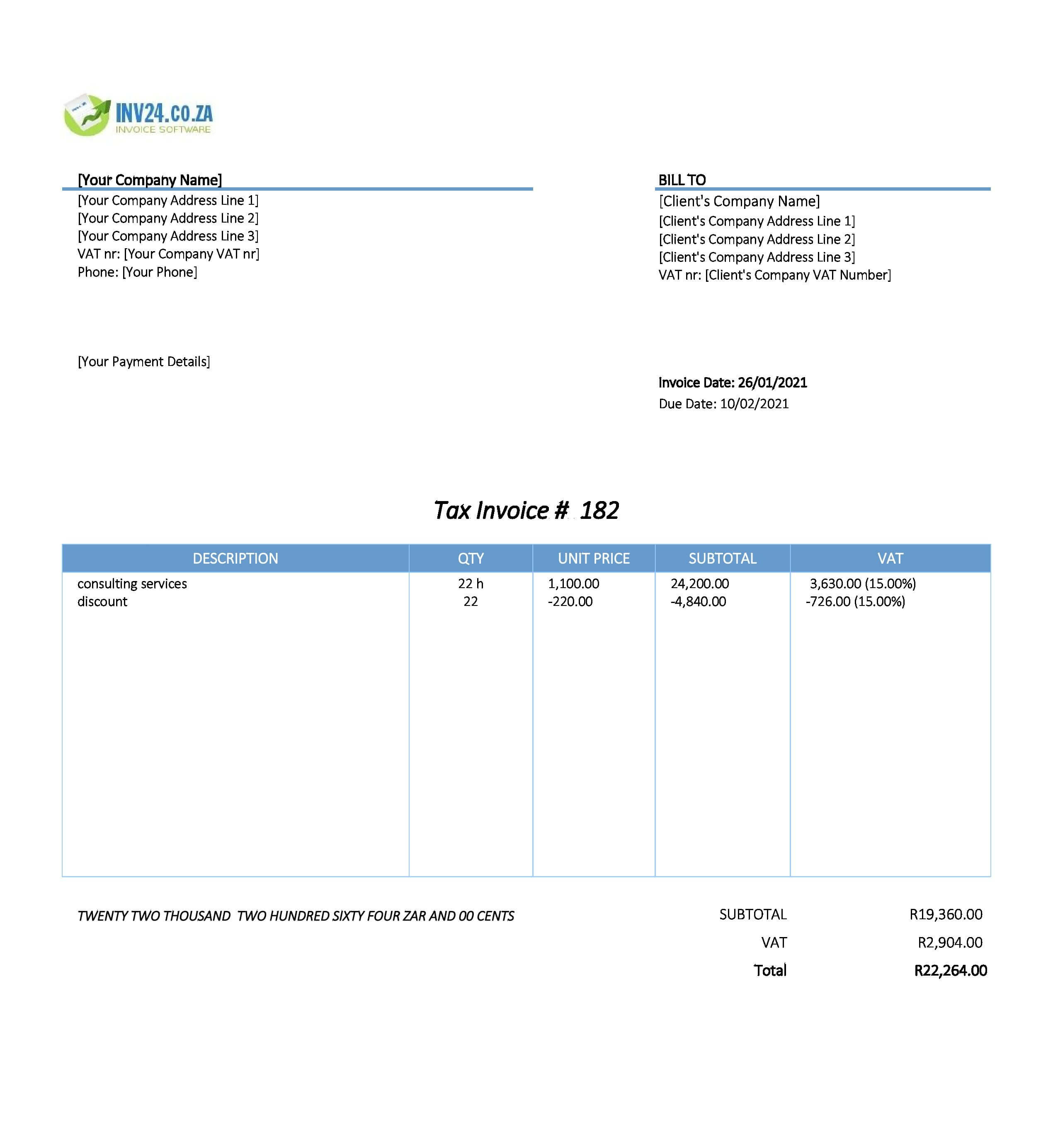 consulting invoice template south africa