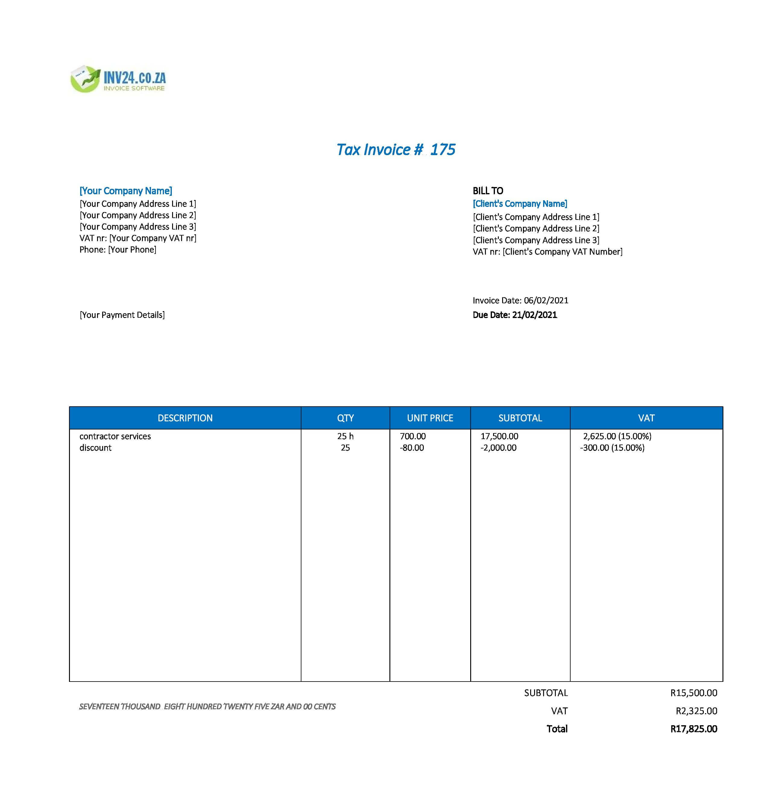 Contractor Invoice Template South Africa (Excel / Google Sheets)