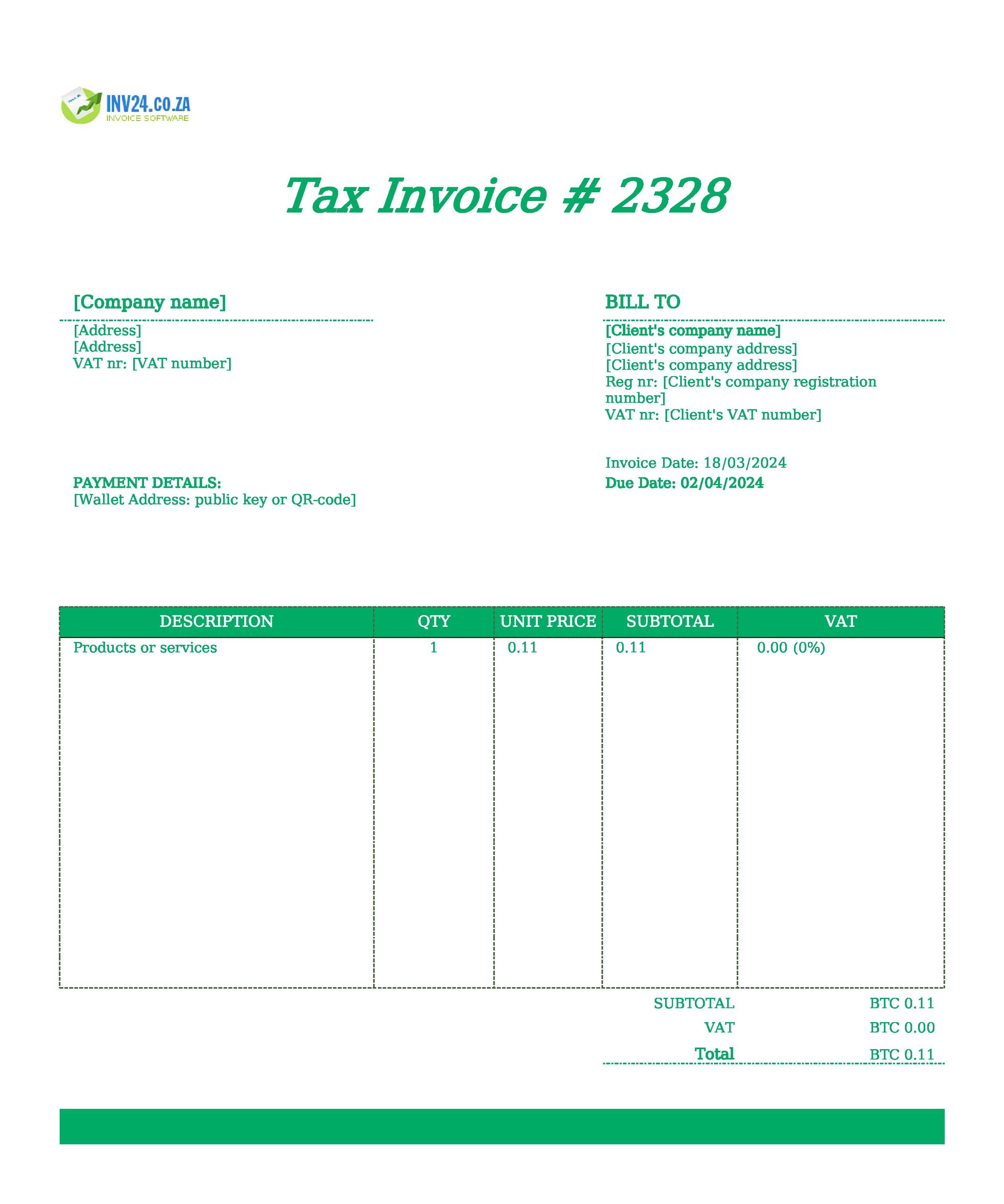 Crypto Invoice Template South Africa (Excel / Google Sheets)
