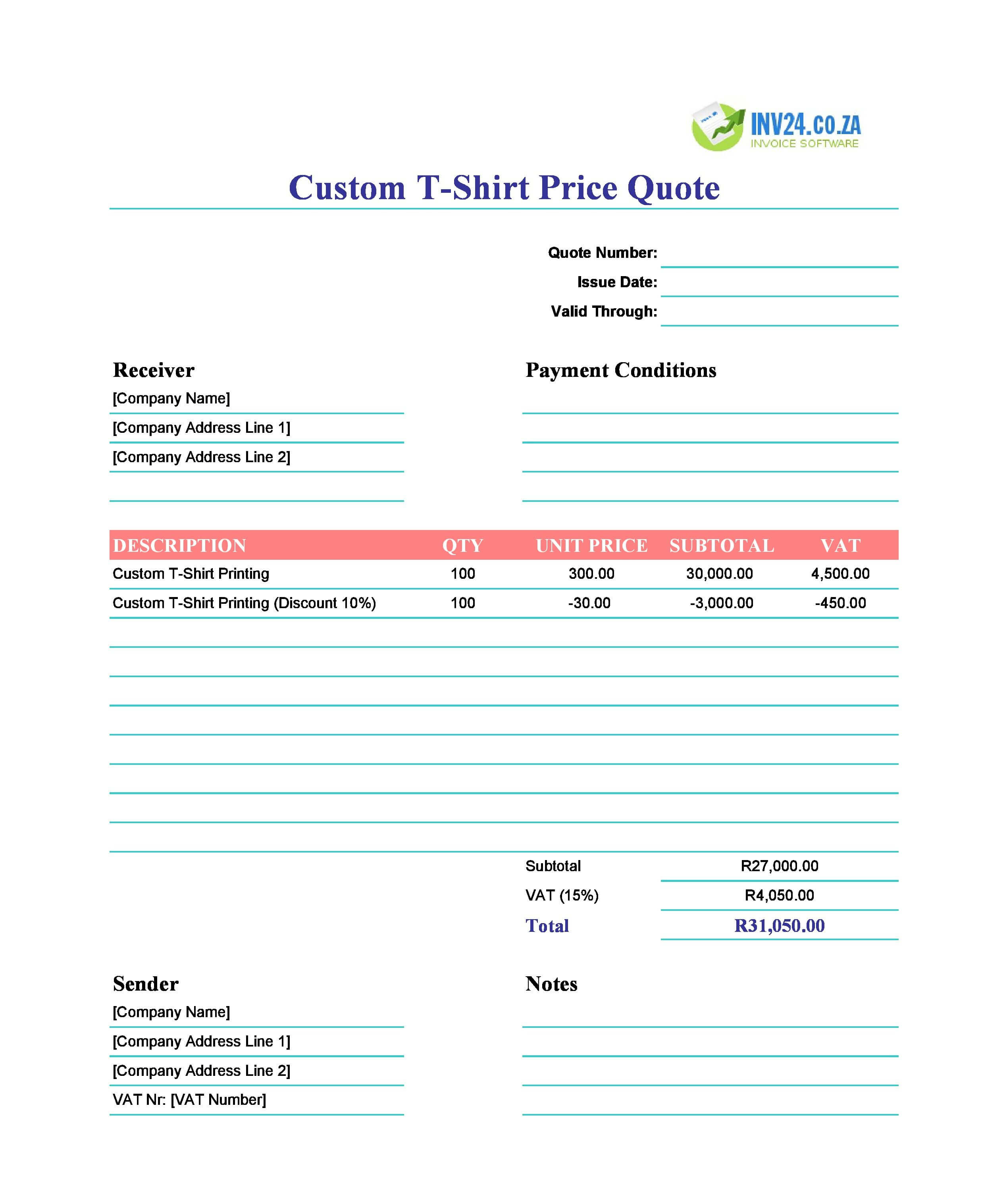 Custom T-Shirt Quote Template for South Africa (Excel / Google Sheets)