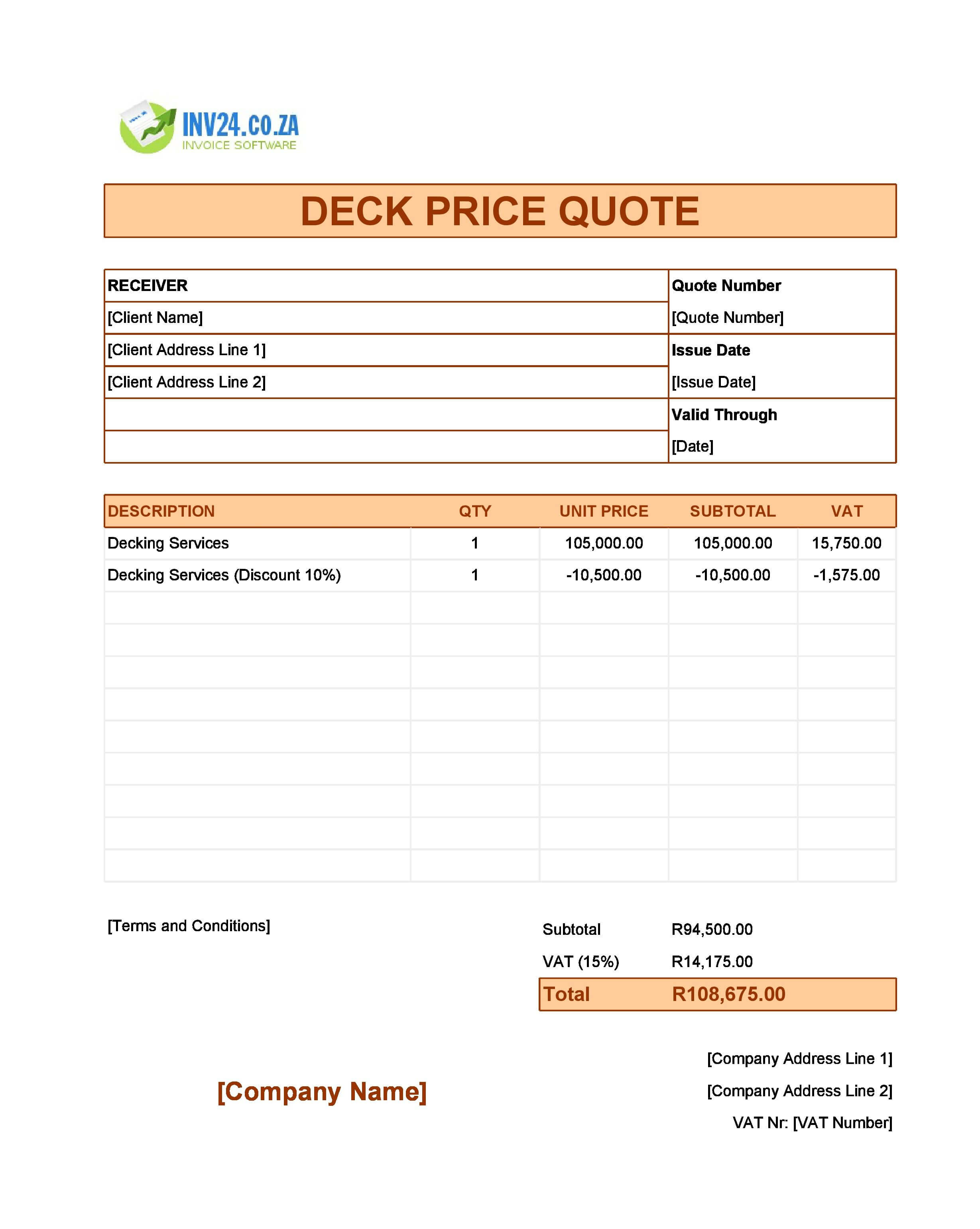 Deck Quote Template for South Africa (Excel / Google Sheets)
