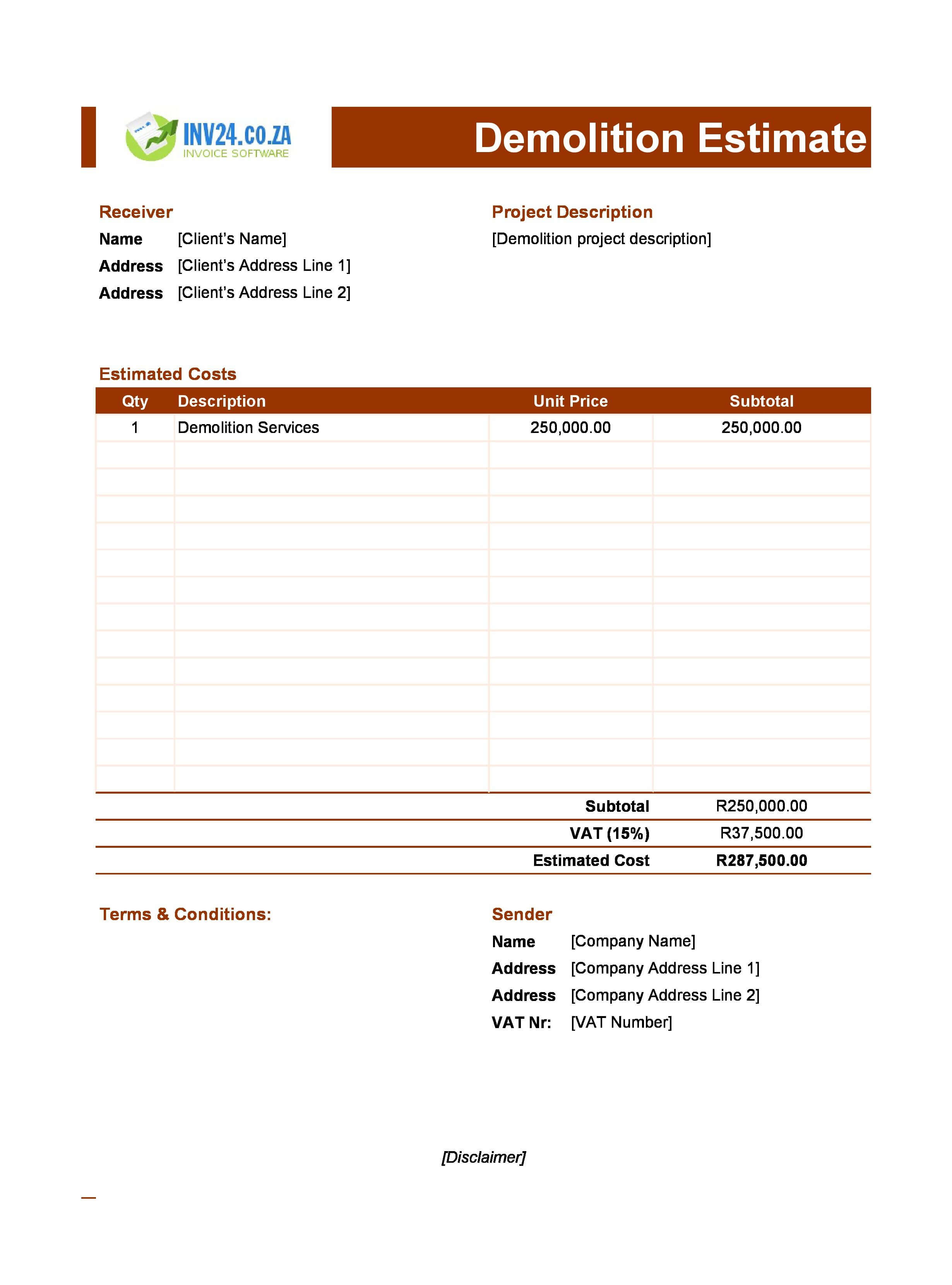 Demolition Estimate Template for South Africa (Excel / Google Sheets)