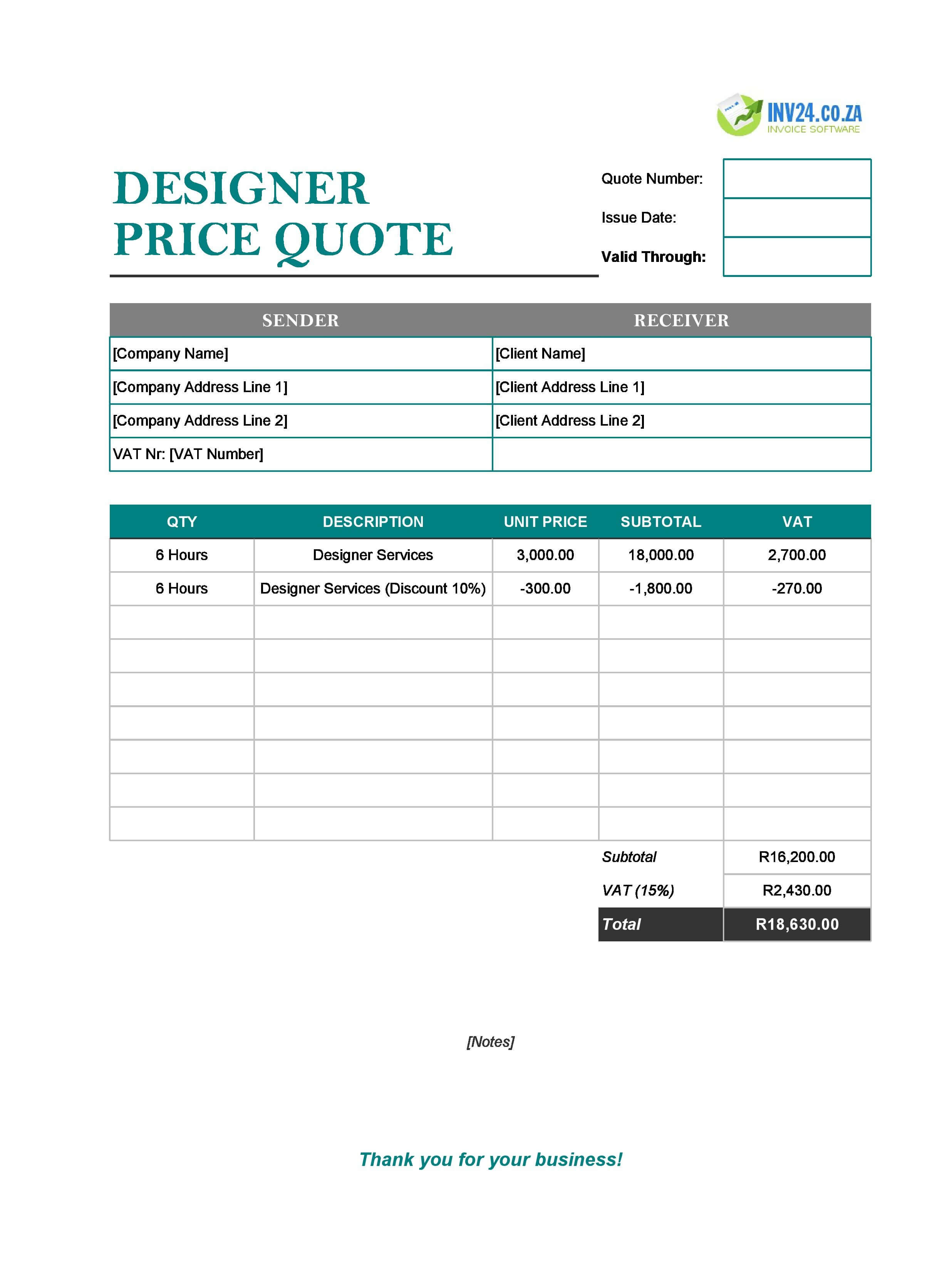 Designer Quote Template for South Africa (Excel / Google Sheets)