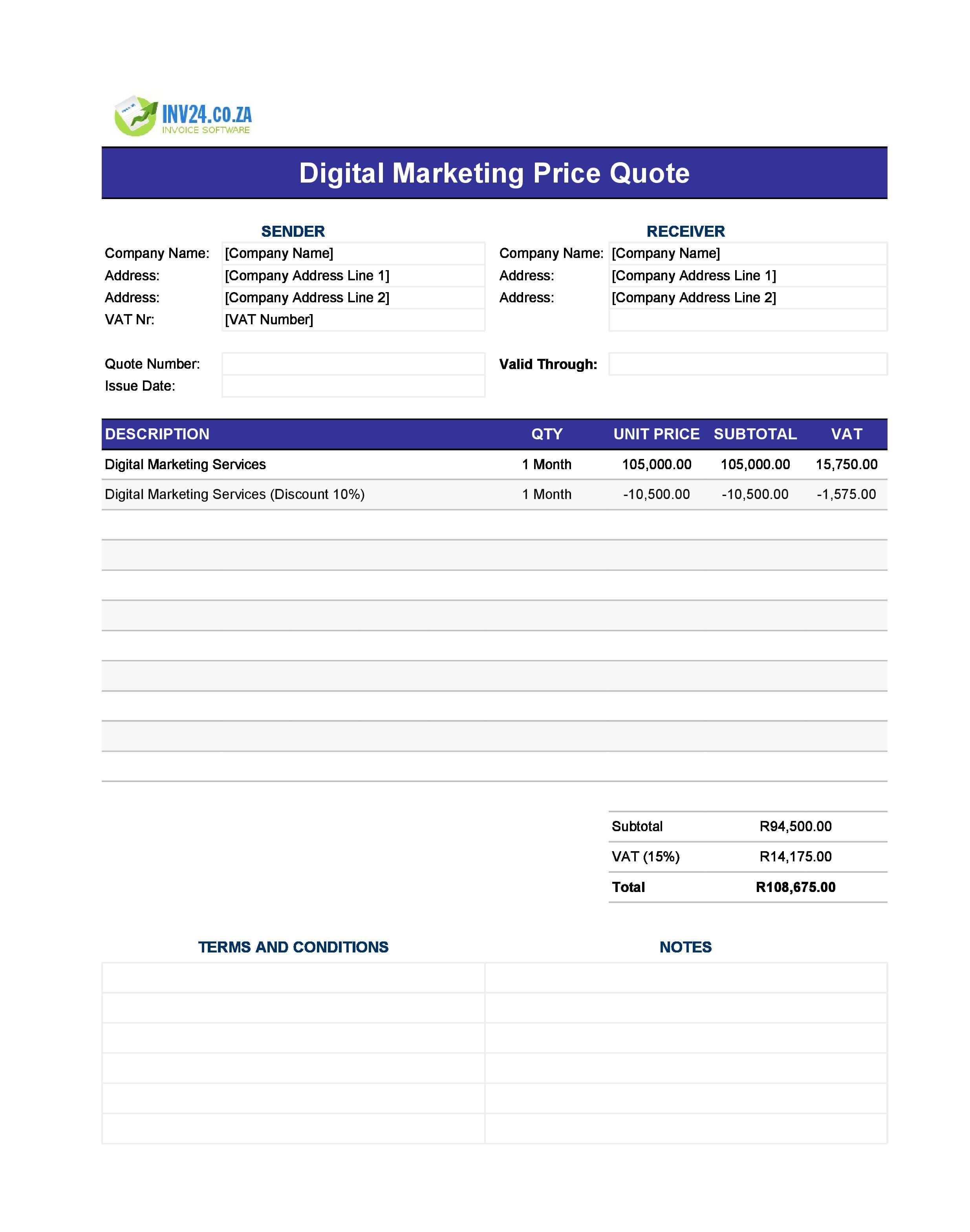 Digital Marketing Quote Template for South Africa (Excel / Google Sheets)
