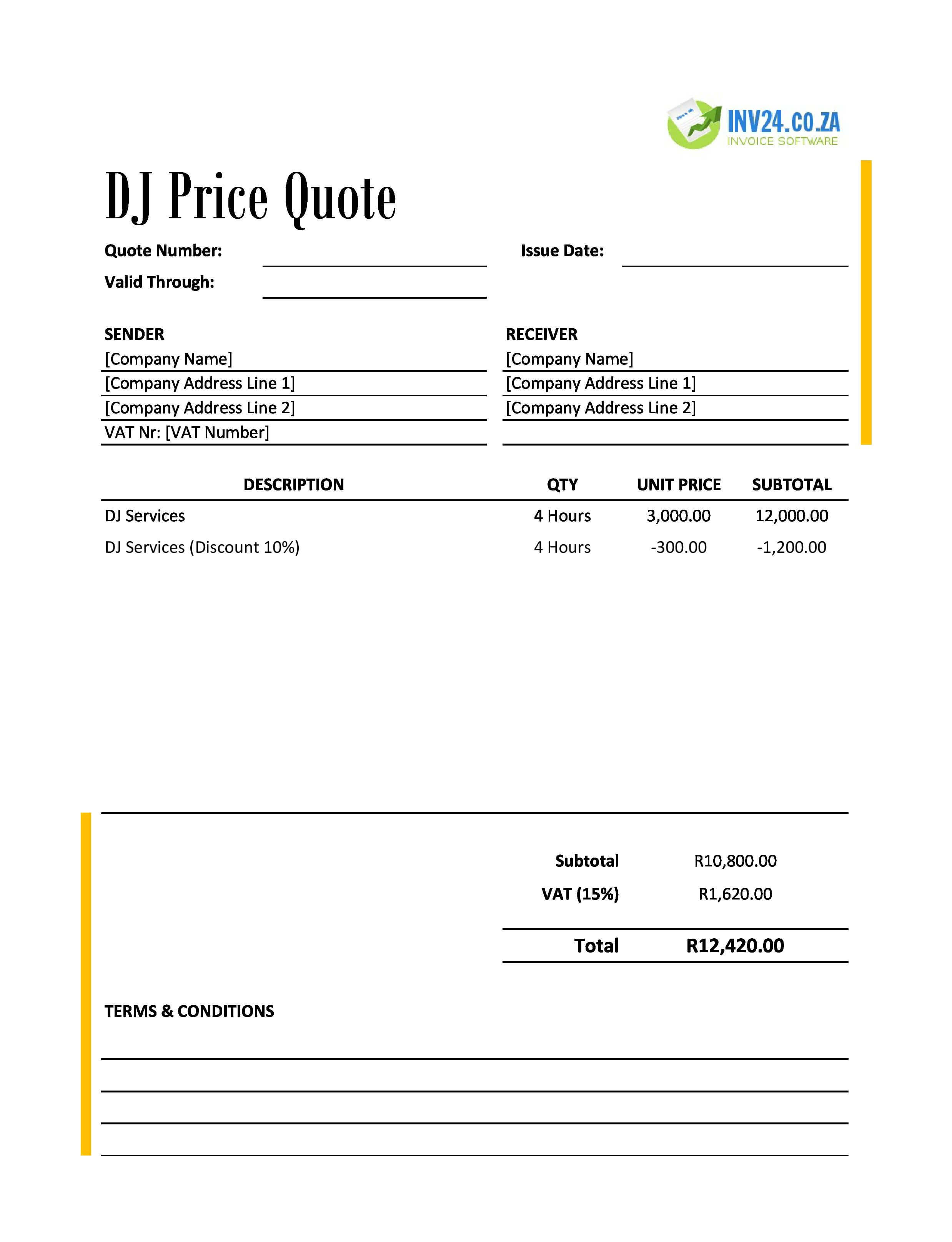 DJ Quote Template for South Africa (Excel / Google Sheets)