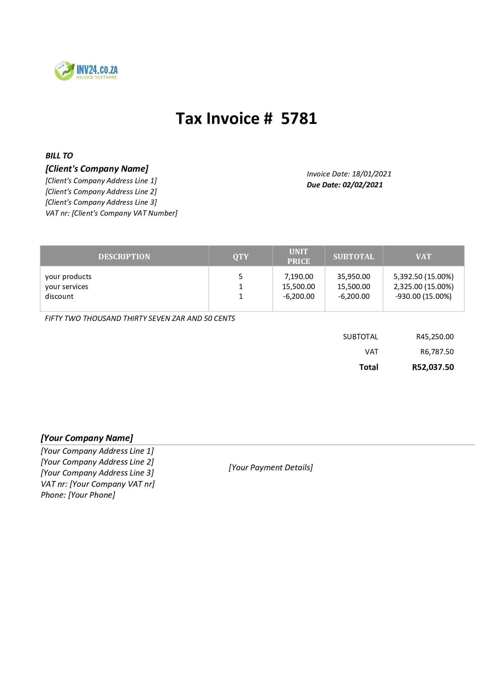 Downloadable Invoice Template South Africa (Word / Google Docs)