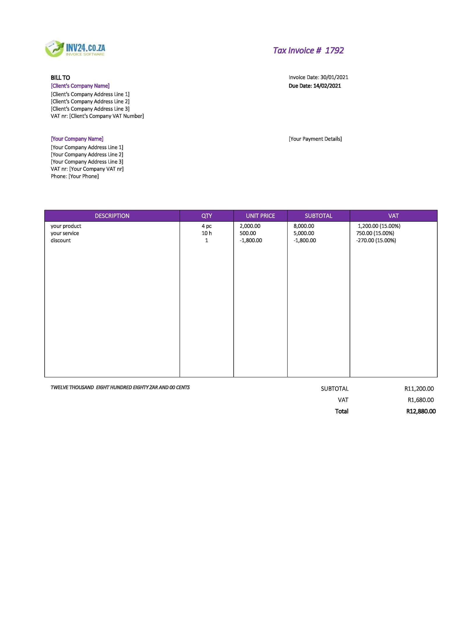 easy invoice template south africa excel