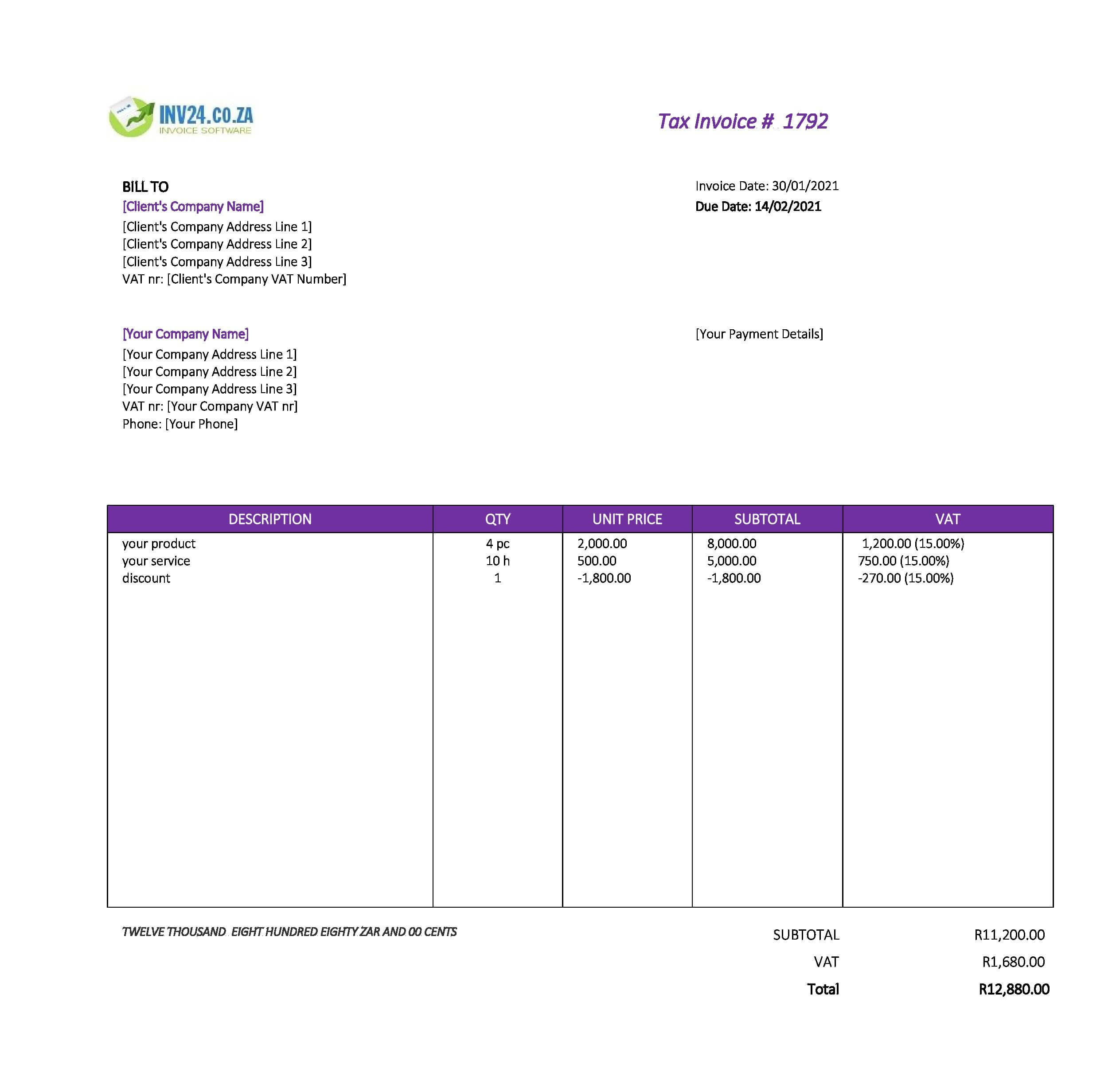 easy invoice template south africa