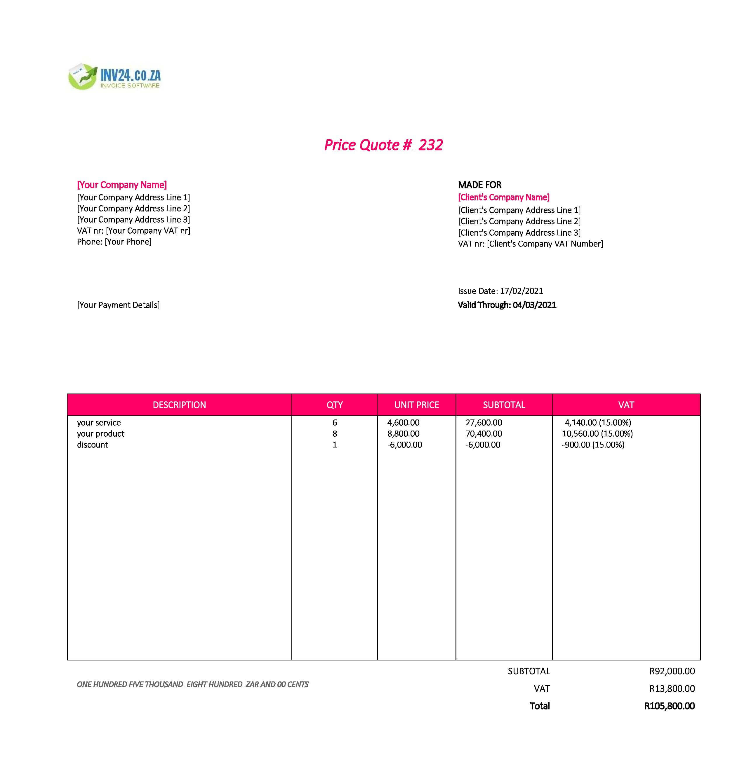 Editable Quotation Template South Africa (Excel / Google Sheets)