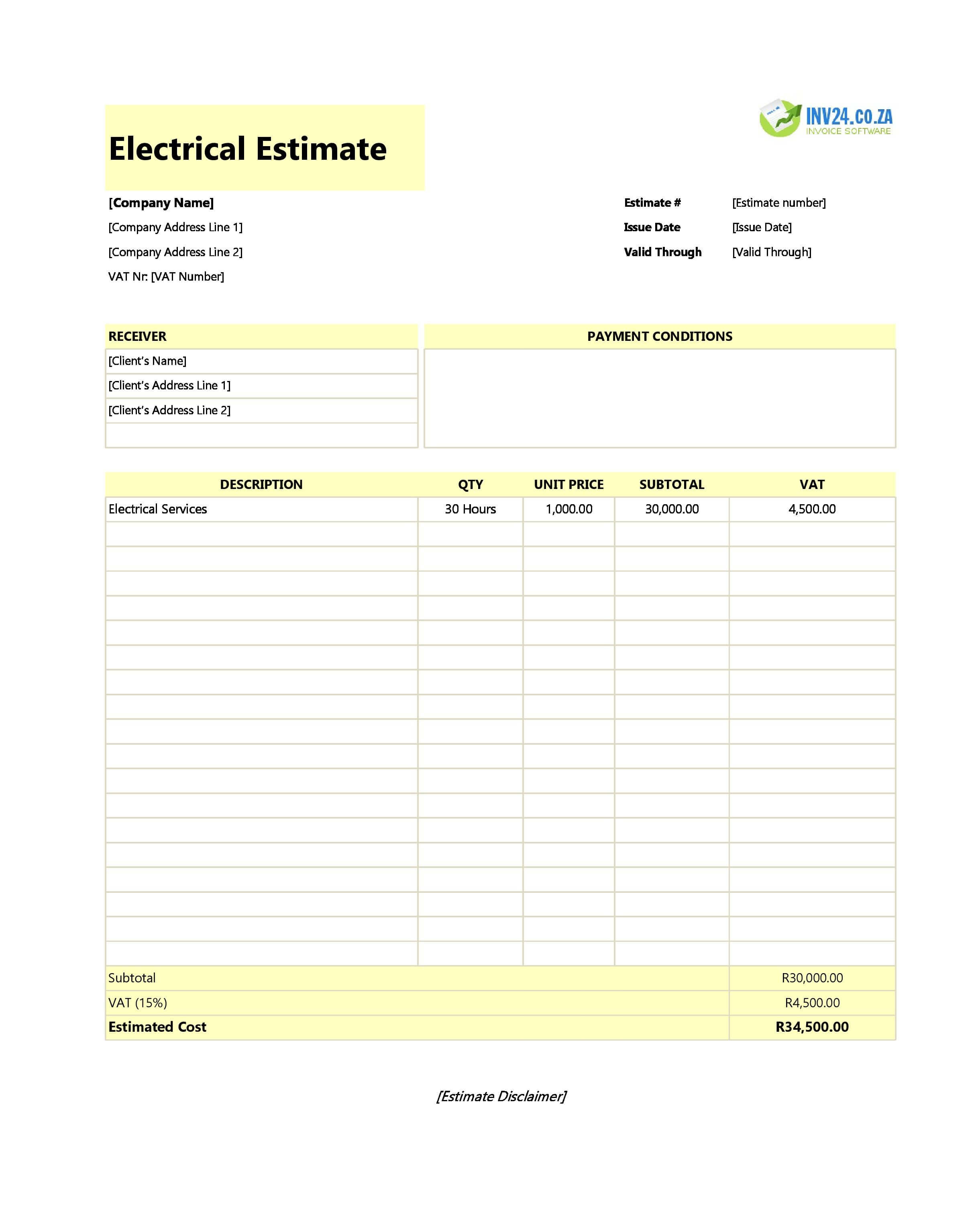 Electrical Estimate Template for South Africa (Excel / Google Sheets)