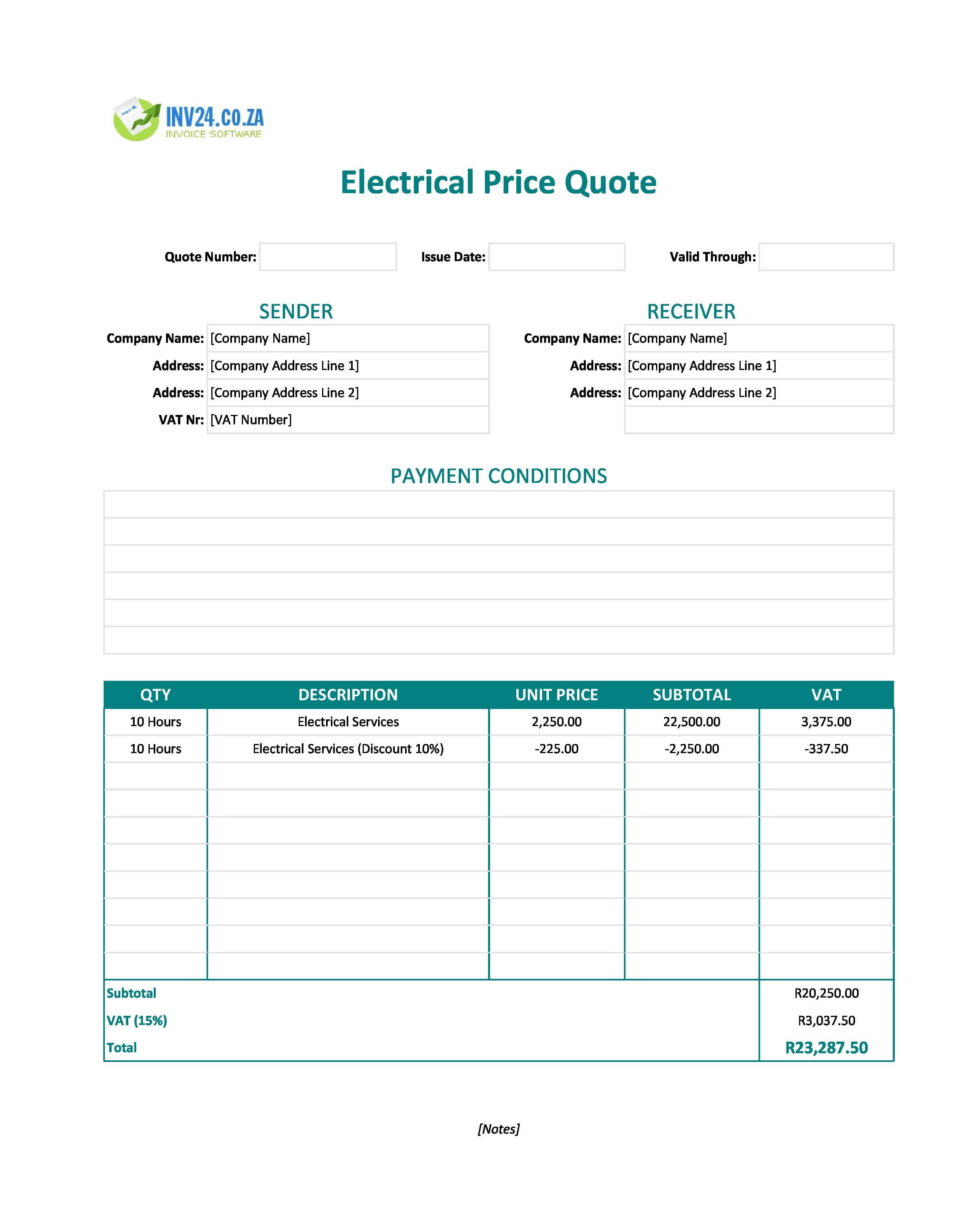 Electrical Quote Template for South Africa (Excel / Google Sheets)